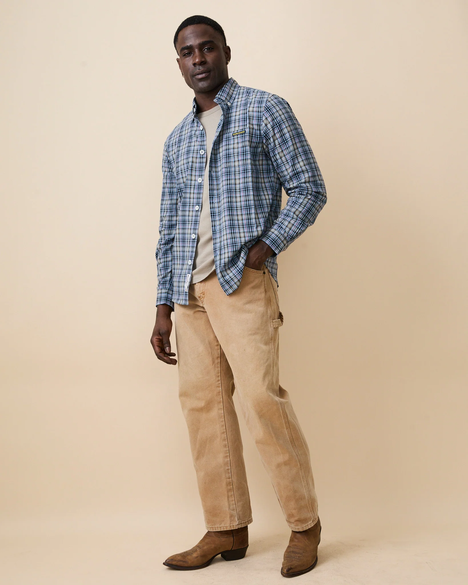 Men's Spring Plaid Shirt Blue Cotton Plaid - Image 8