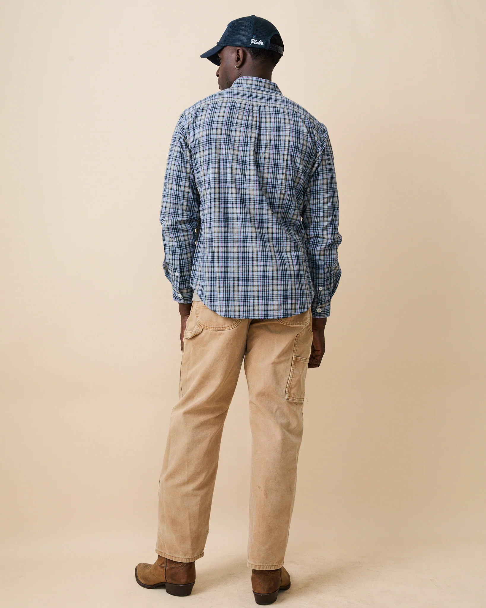 Men's Spring Plaid Shirt Blue Cotton Plaid - Image 9
