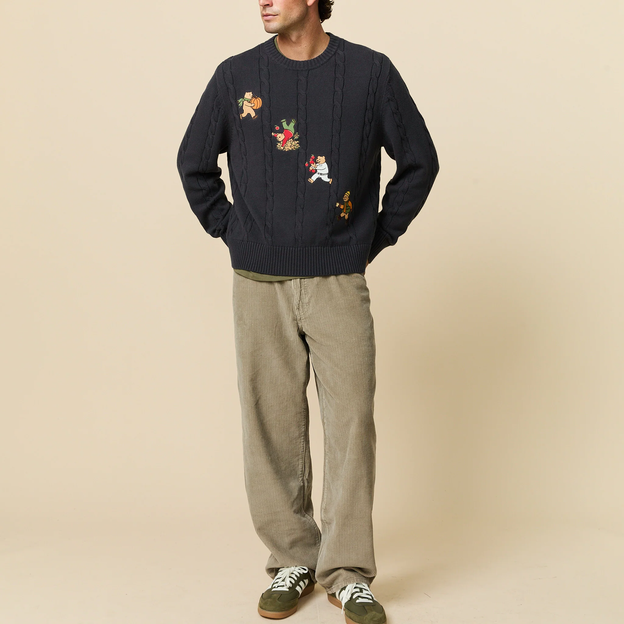 Cotton Cable Autumn Bears Sweater Navy - Image 4