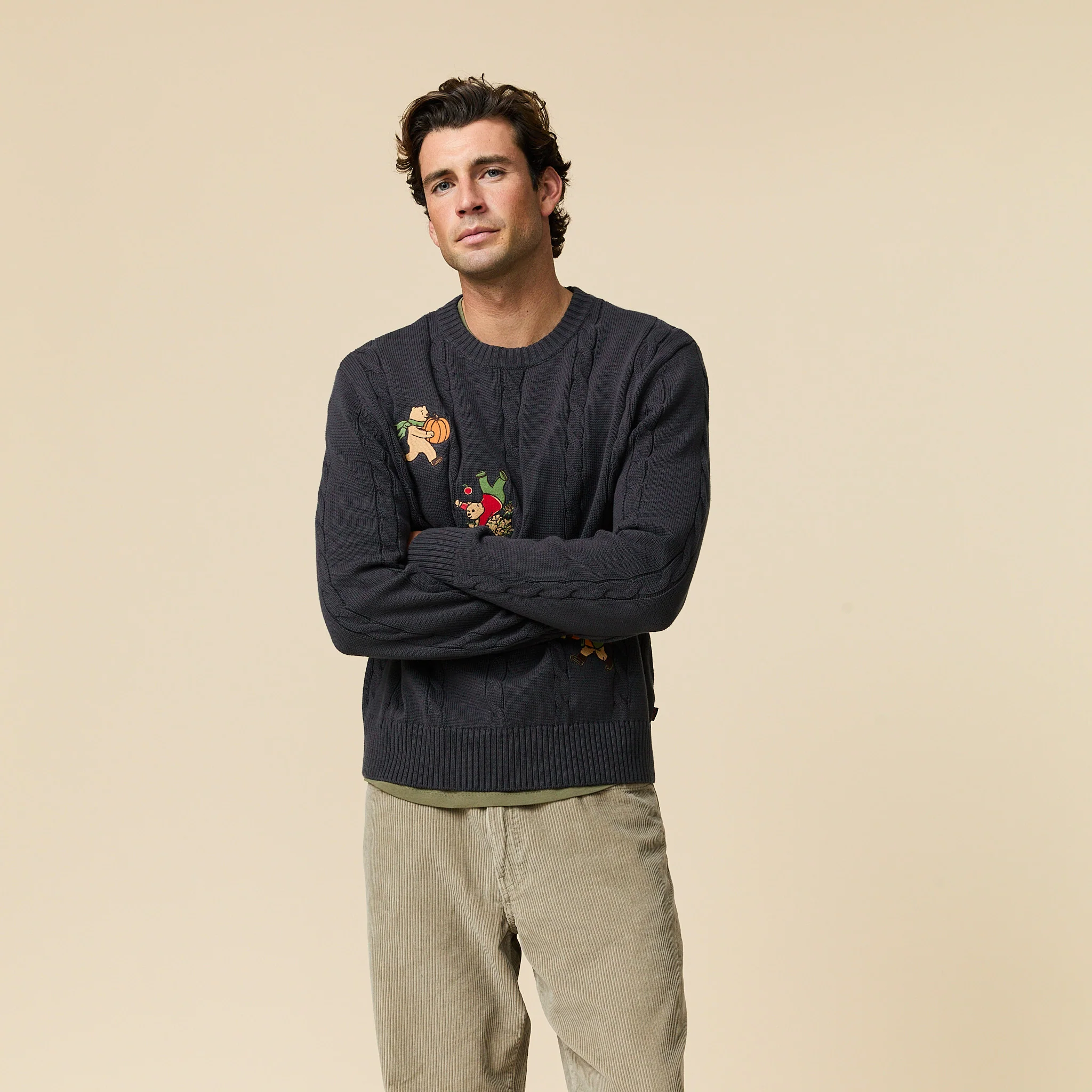 Cotton Cable Autumn Bears Sweater Navy - Image 5