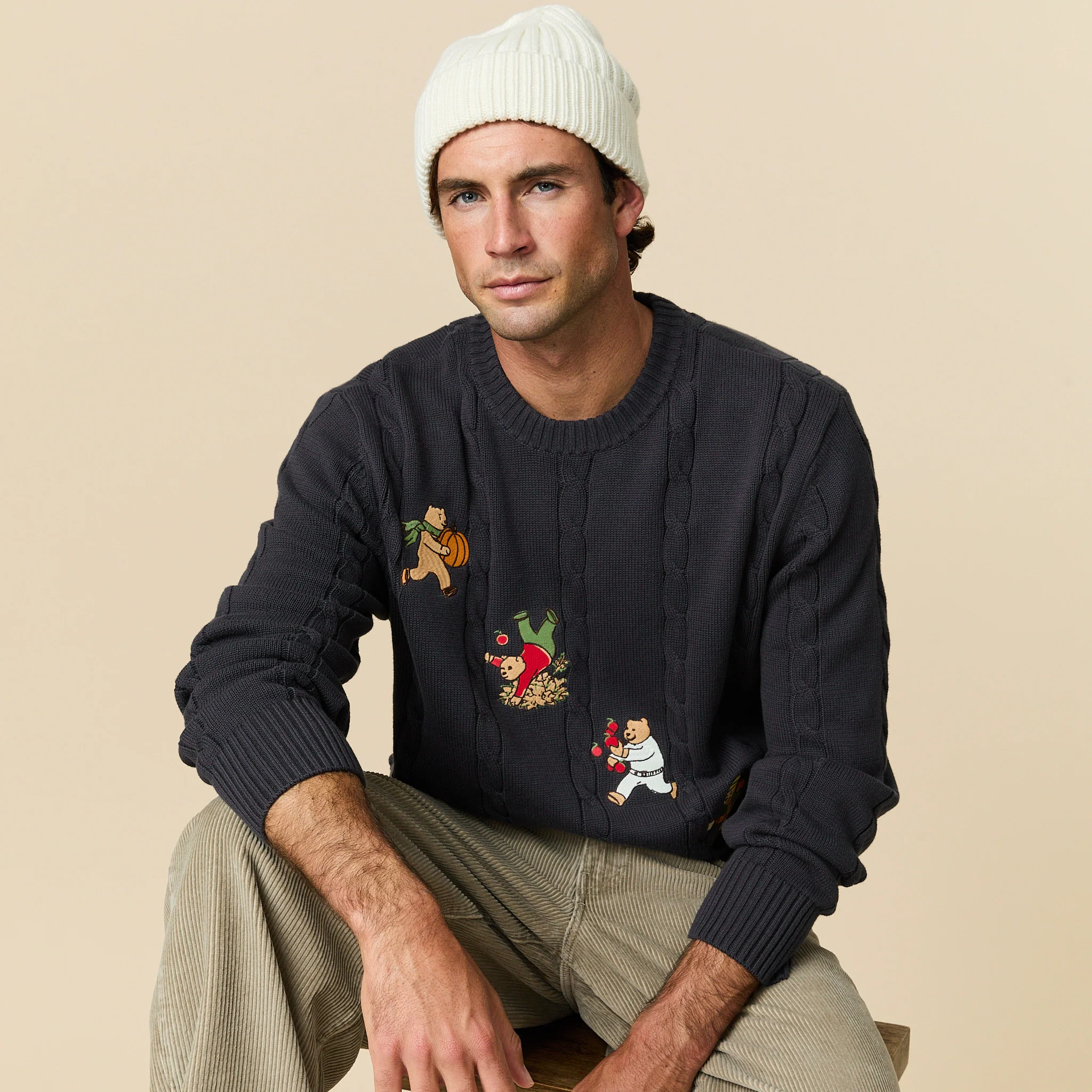 Cotton Cable Autumn Bears Sweater Navy - Image 7