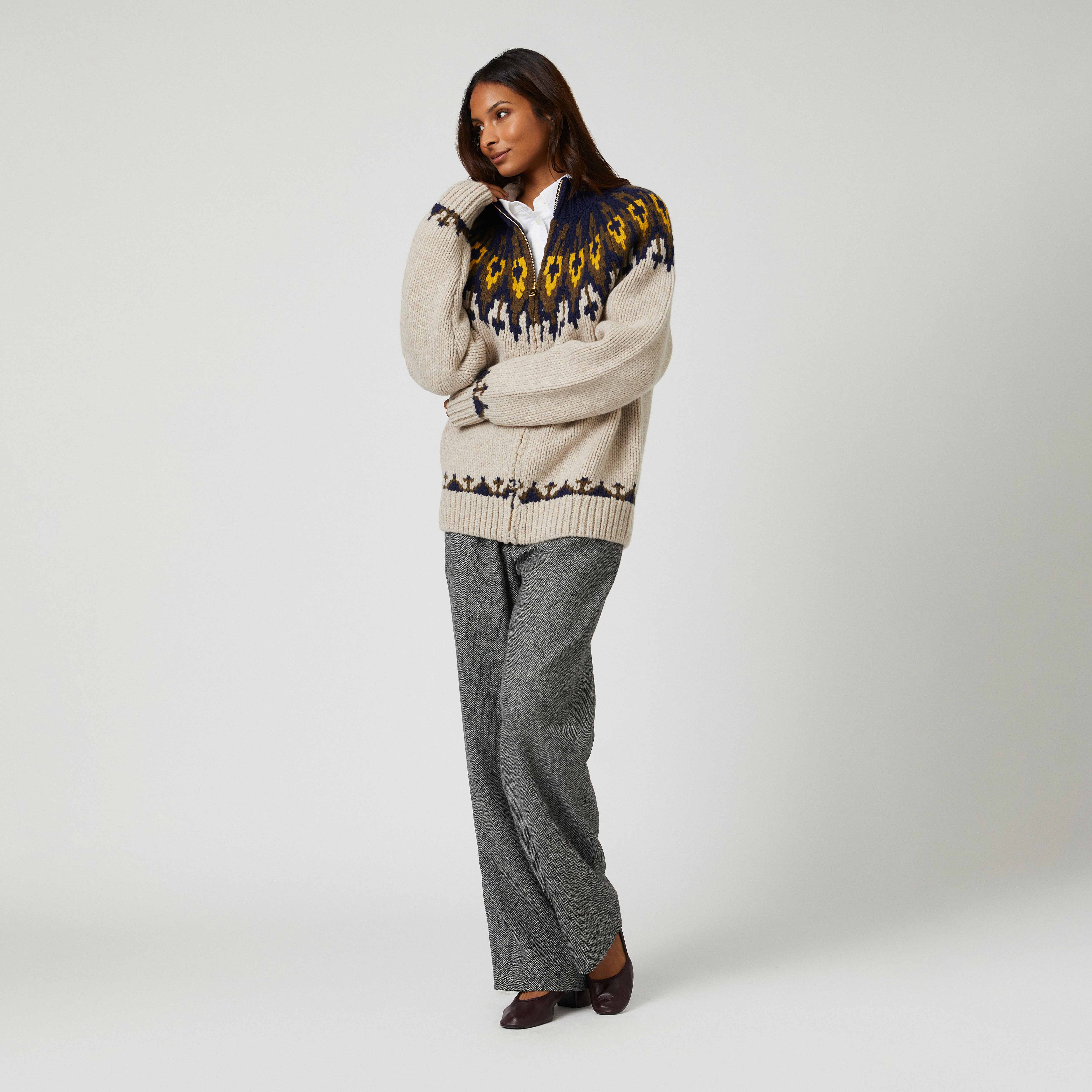 Wool Fairisle Zip Up Jacket Oatmeal - Image 4