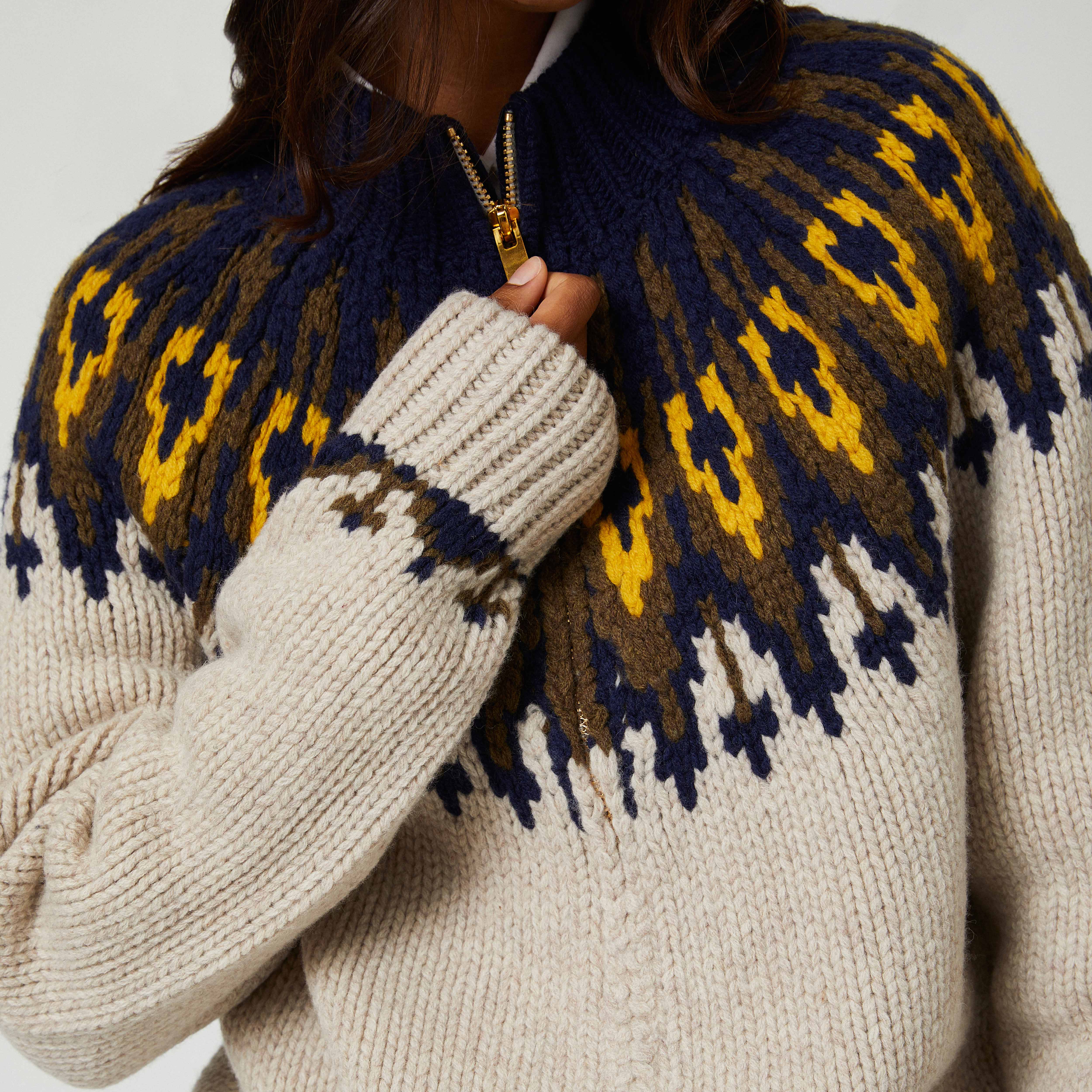 Wool Fairisle Zip Up Jacket Oatmeal - Image 6
