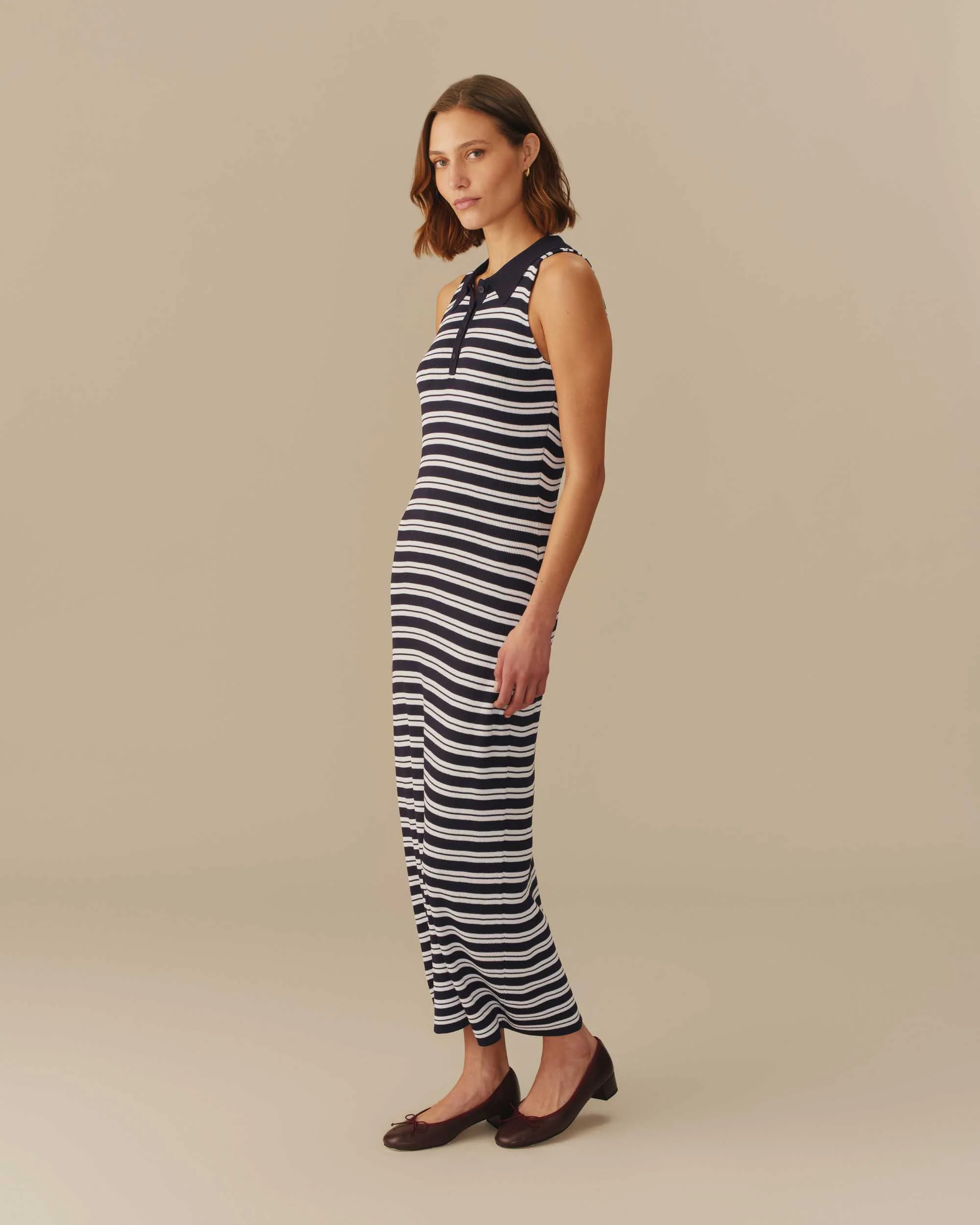 Women’s Halter Polo Striped Maxi Dress Navy - Image 2