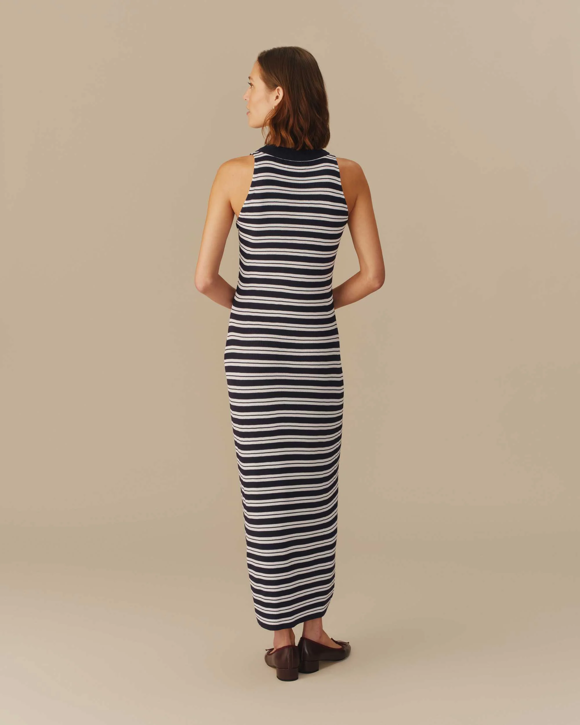Women’s Halter Polo Striped Maxi Dress Navy - Image 3