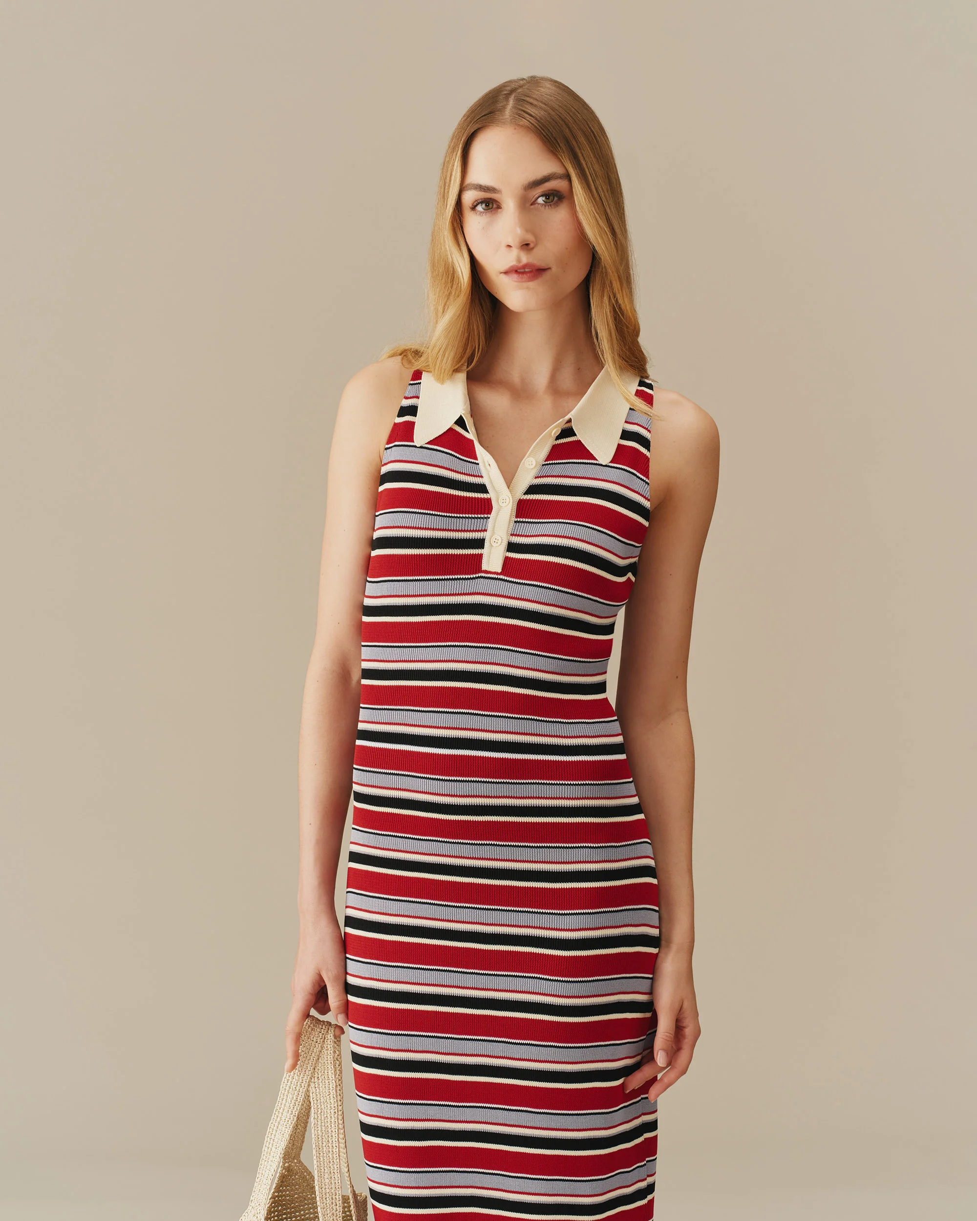 Women’s Halter Polo Striped Maxi Dress Red - Image 2
