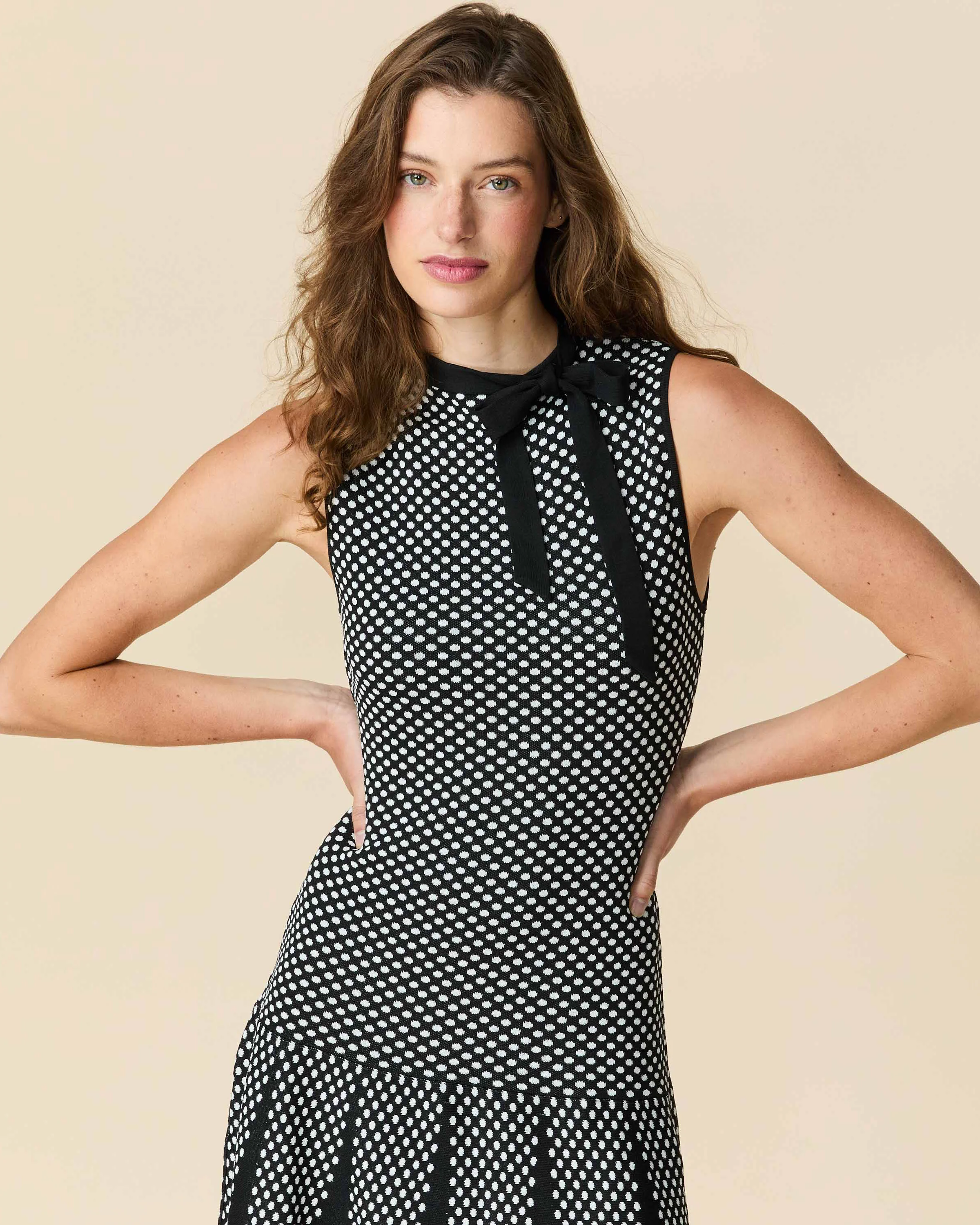 Women's Bow Neck Drop Waist Dress Black Polka Dot - Image 4
