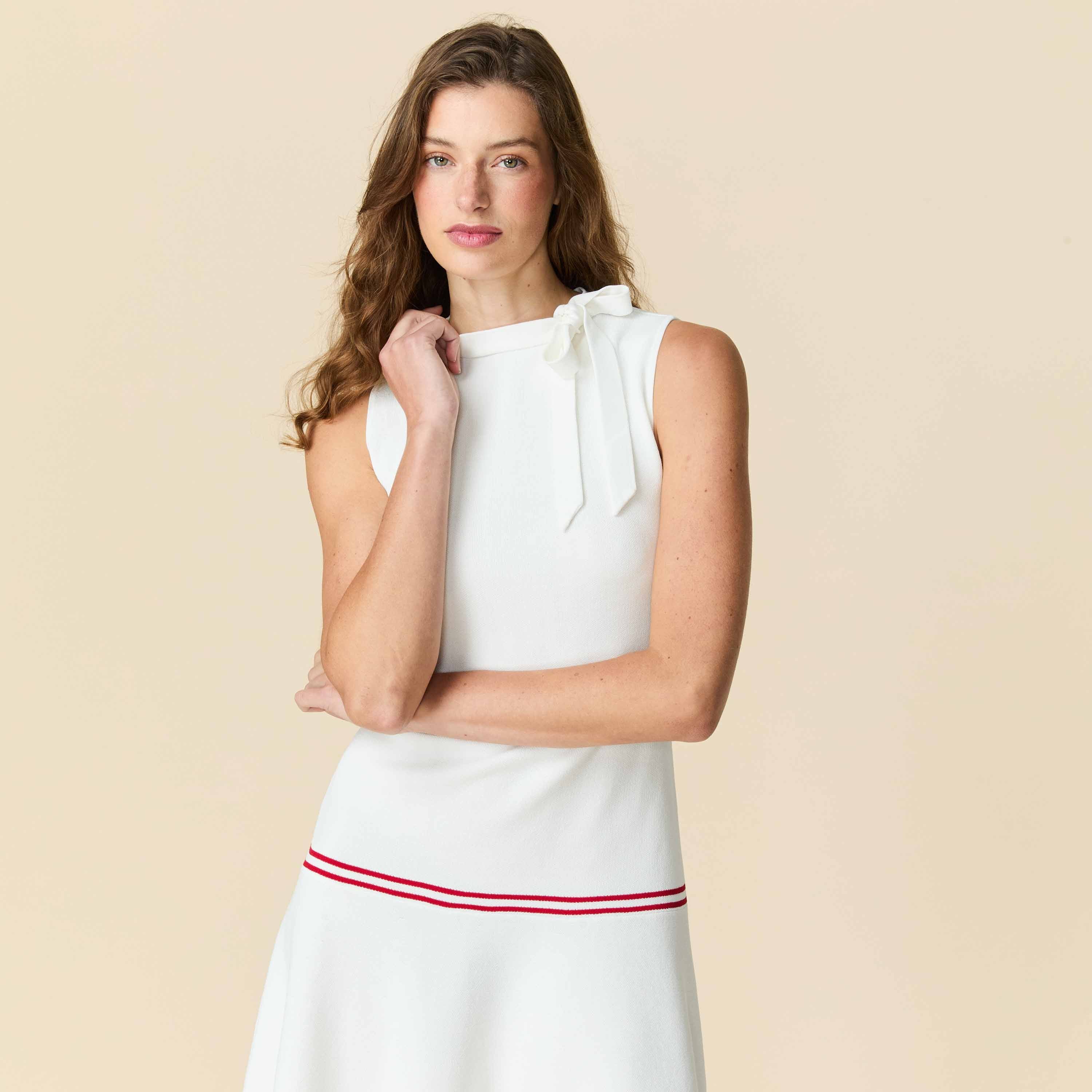 Women's Bow Neck Drop Waist Dress White - Image 5