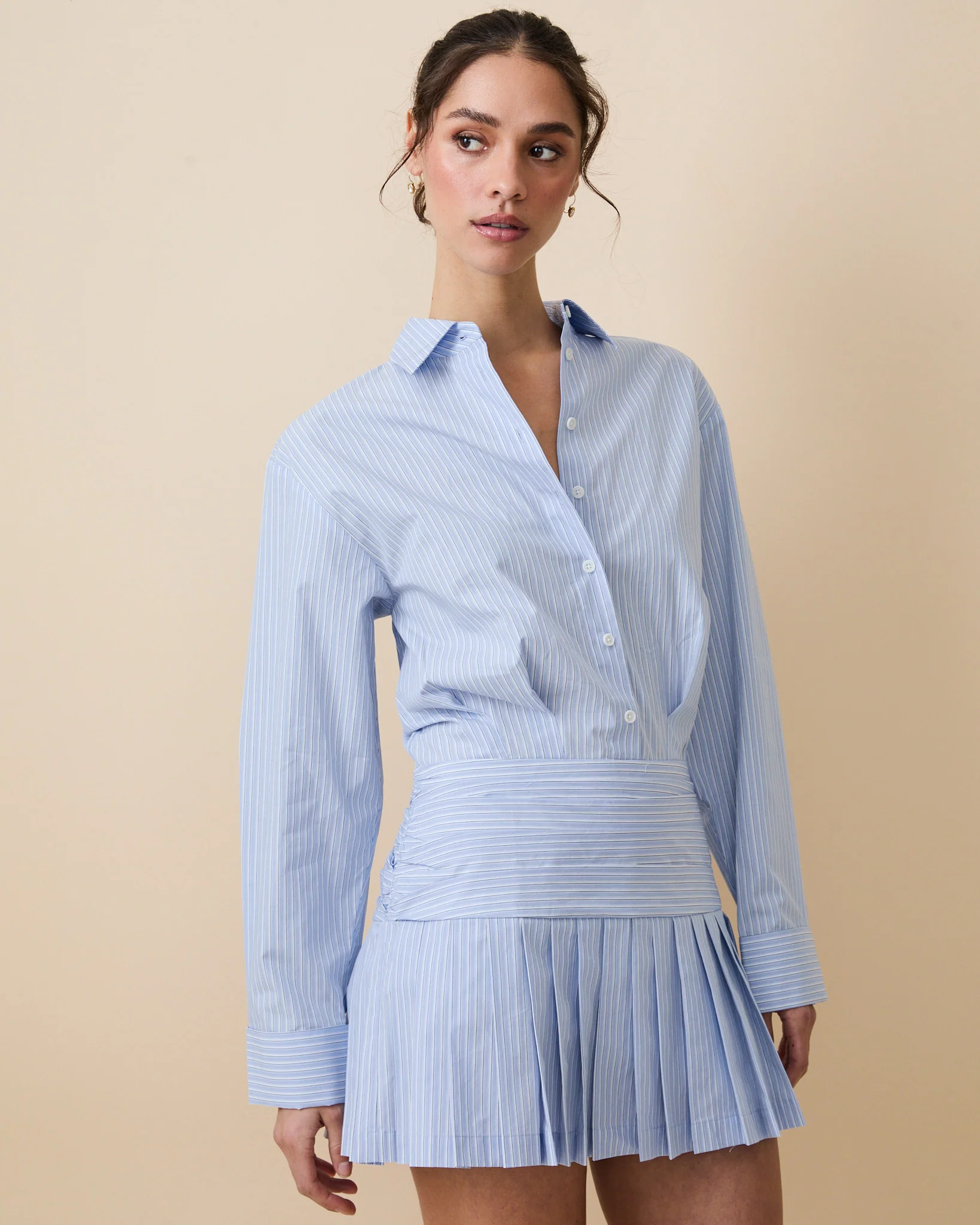 Women's Button Down Pleated Shirt Dress Blue - Image 4