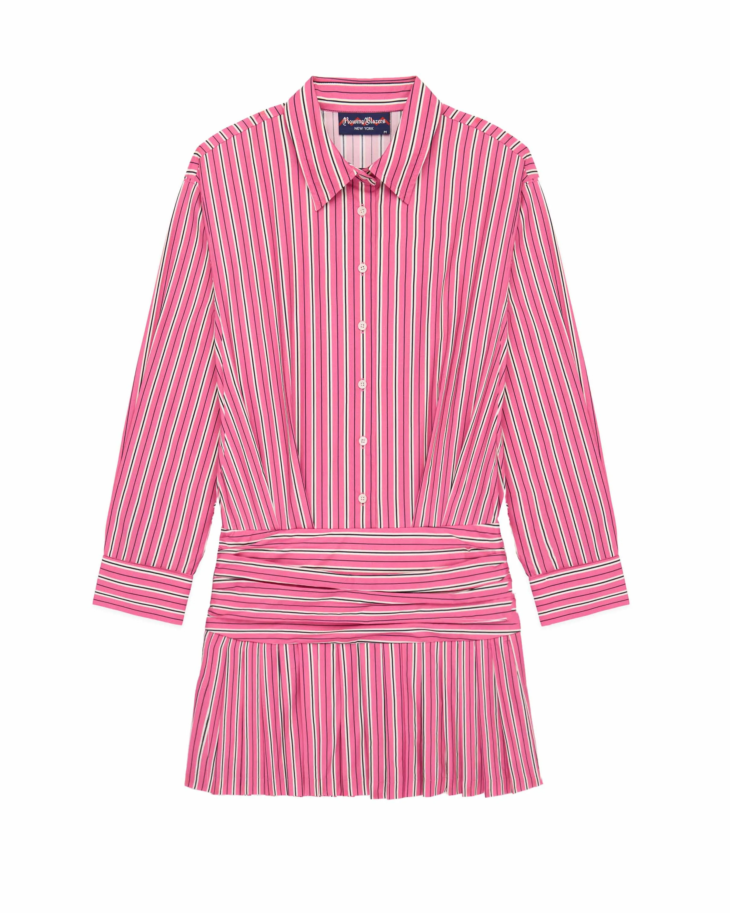 Women's Button Down Pleated Shirt Dress Euro Pink Stripe - Image 11