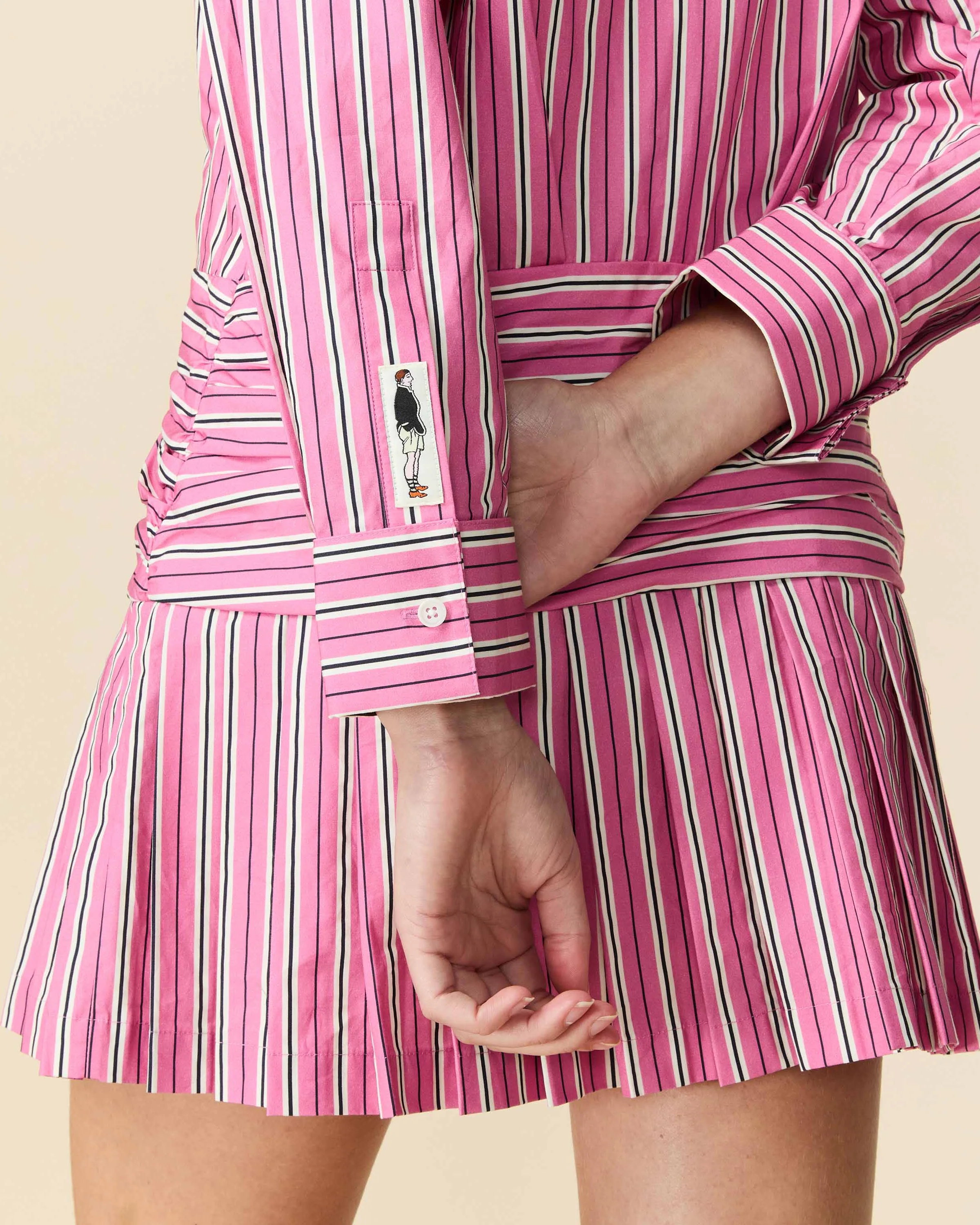 Women's Button Down Pleated Shirt Dress Euro Pink Stripe - Image 9