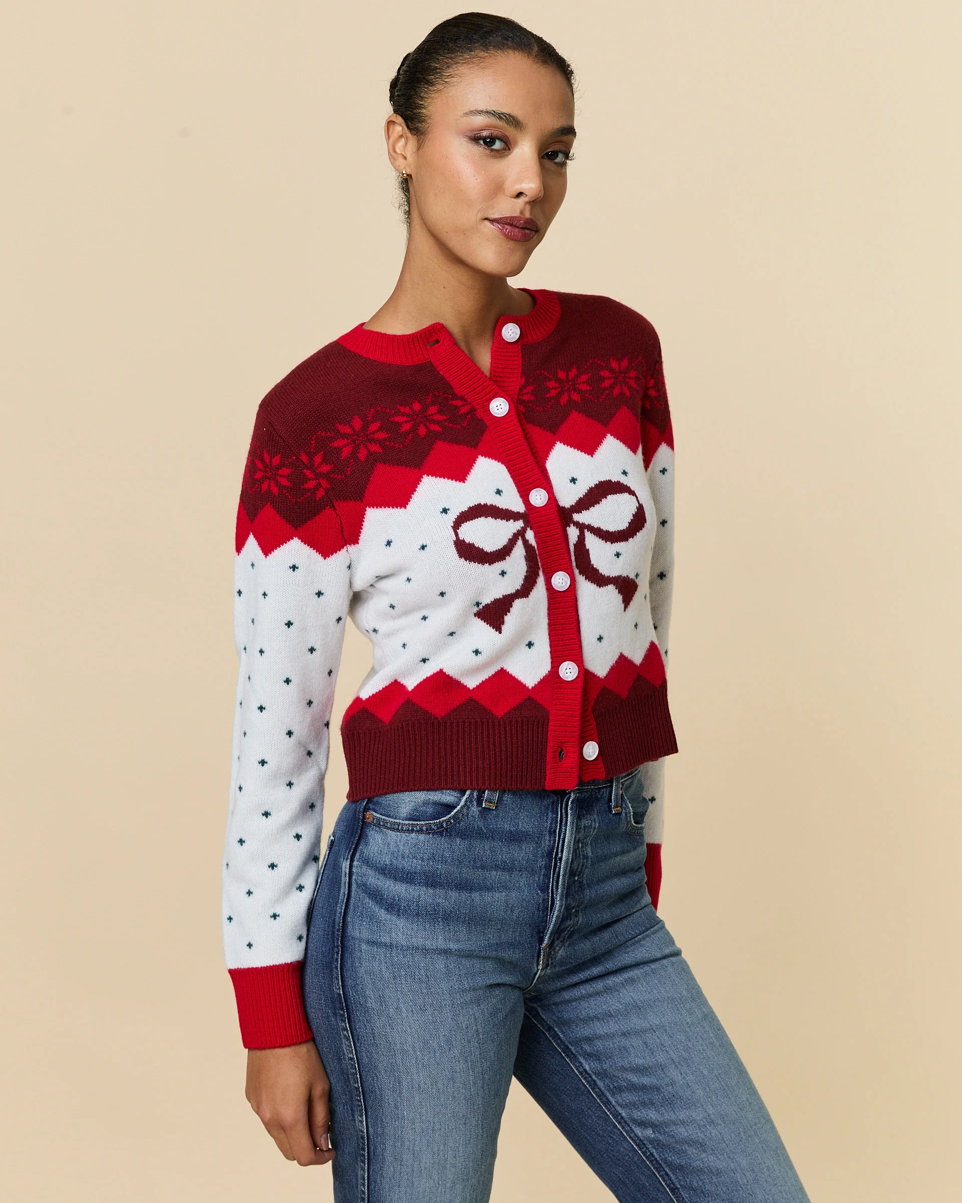 Cashmere Holiday Fairisle Cardigan Red - Image 2