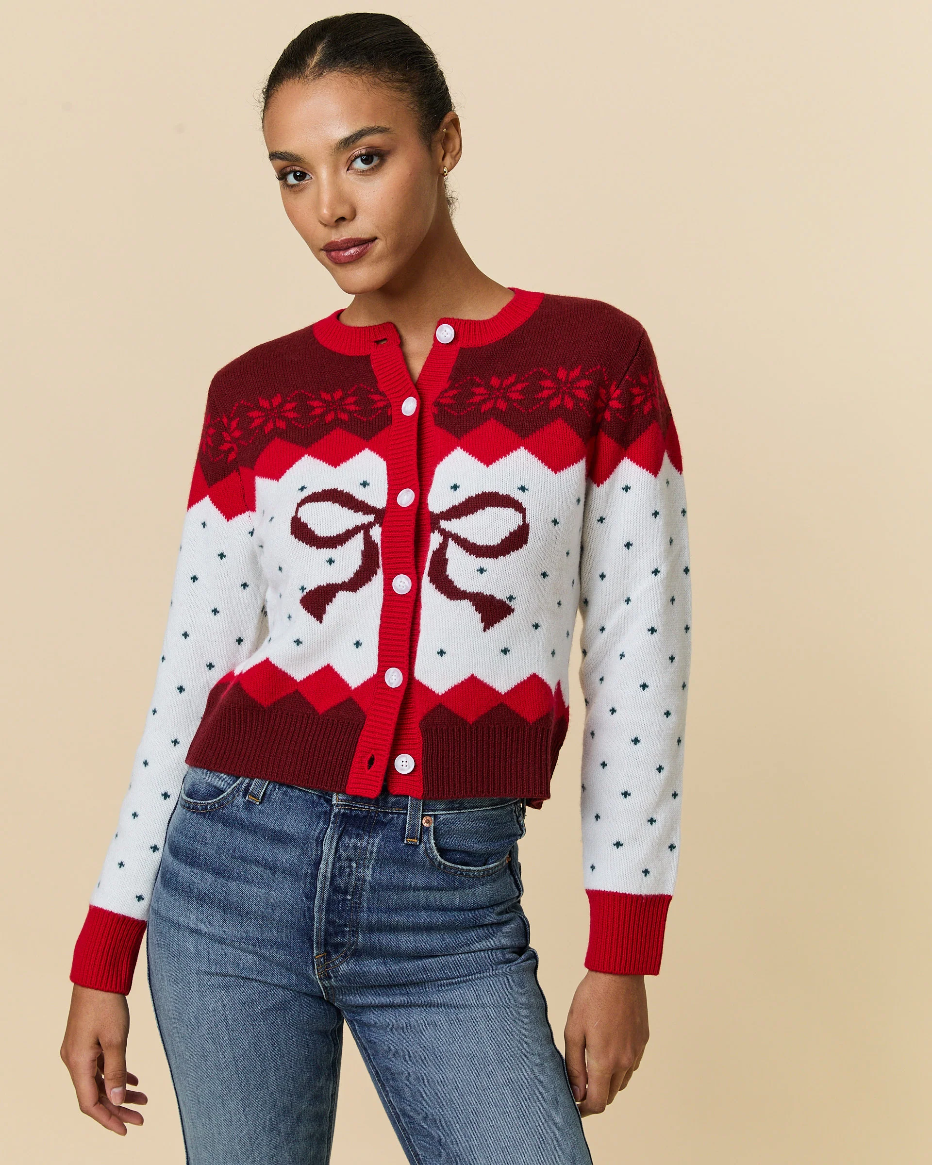 Cashmere Holiday Fairisle Cardigan Red - Image 3