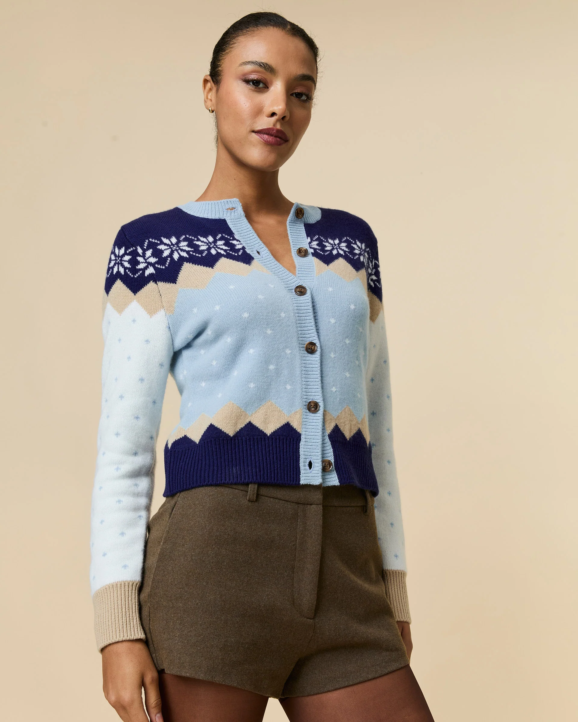 Women's Cashmere Holiday Fairisle Cardigan Blue - Image 3