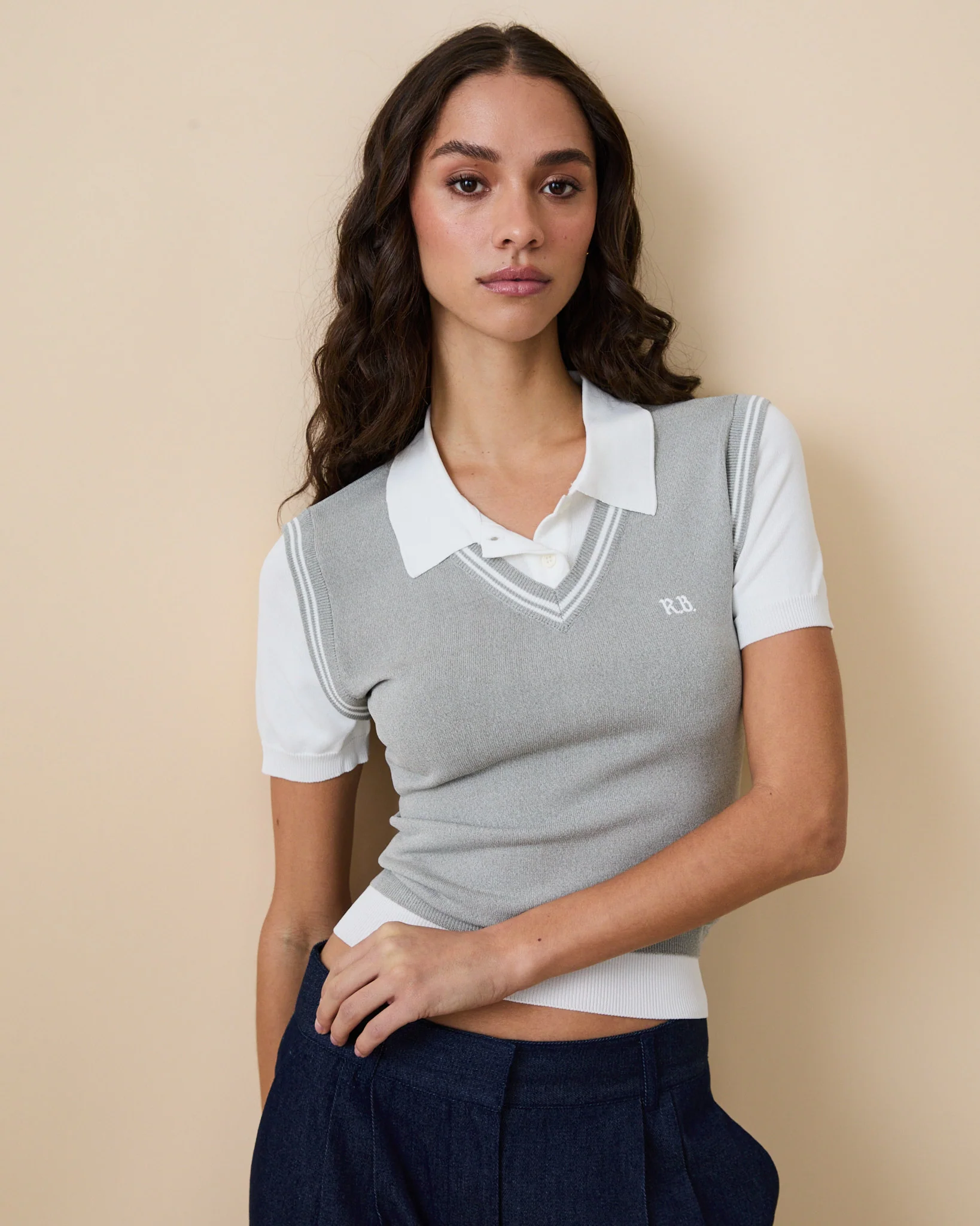 Women's Contrast Knit Layered Polo Heather Gray