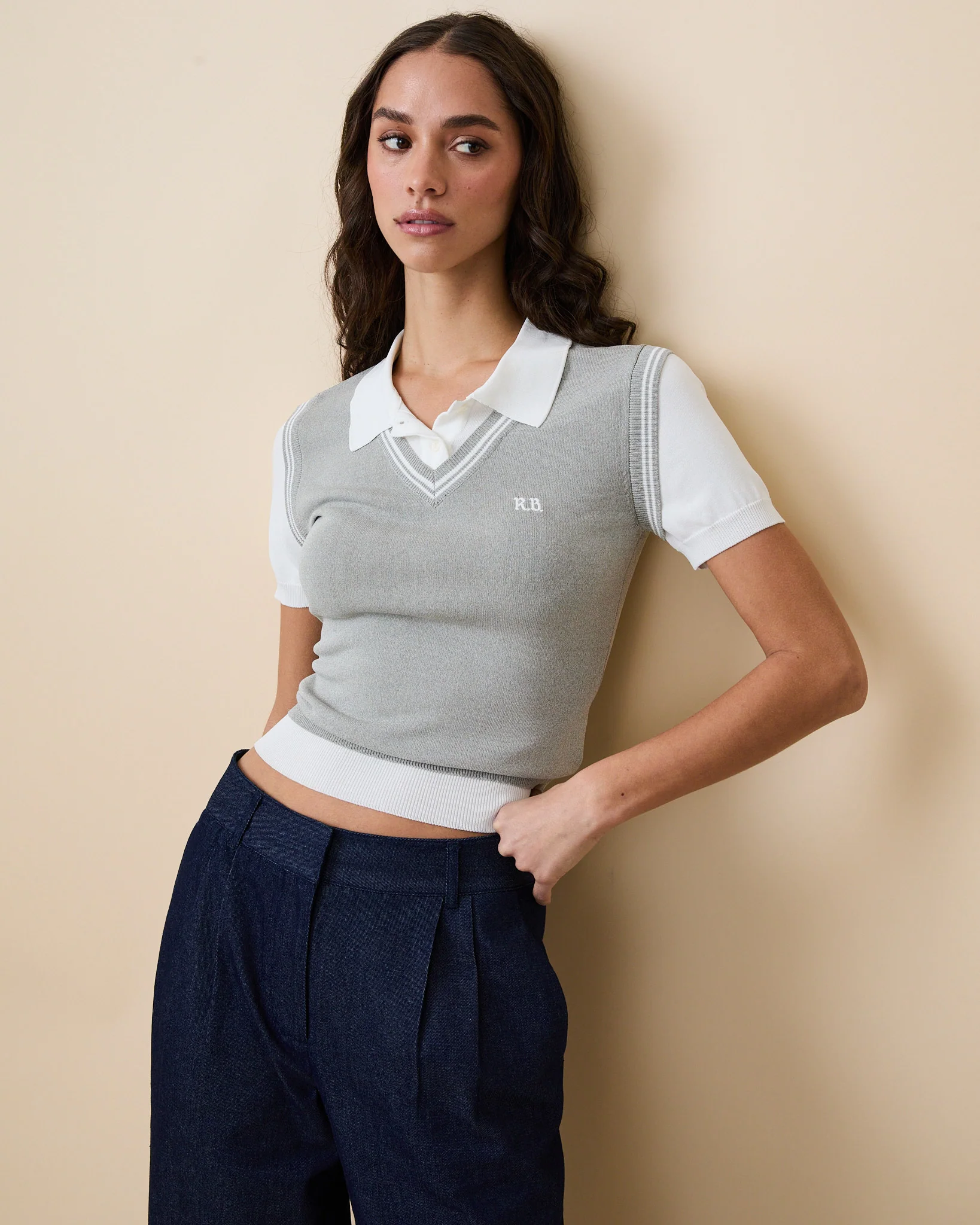 Women's Contrast Knit Layered Polo Heather Gray - Image 3