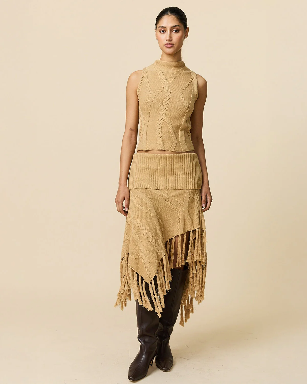 Women's Cotton Cable Fringe Skirt Camel - Image 4