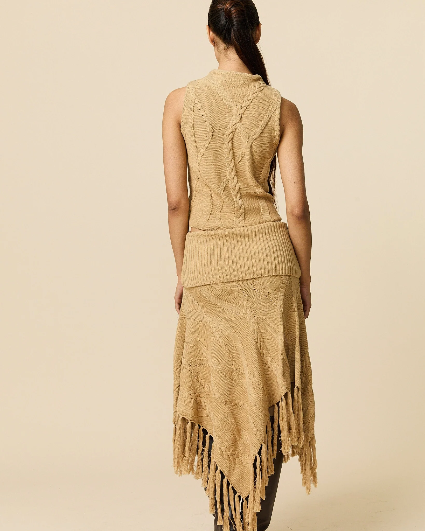 Women's Cotton Cable Fringe Skirt Camel - Image 5
