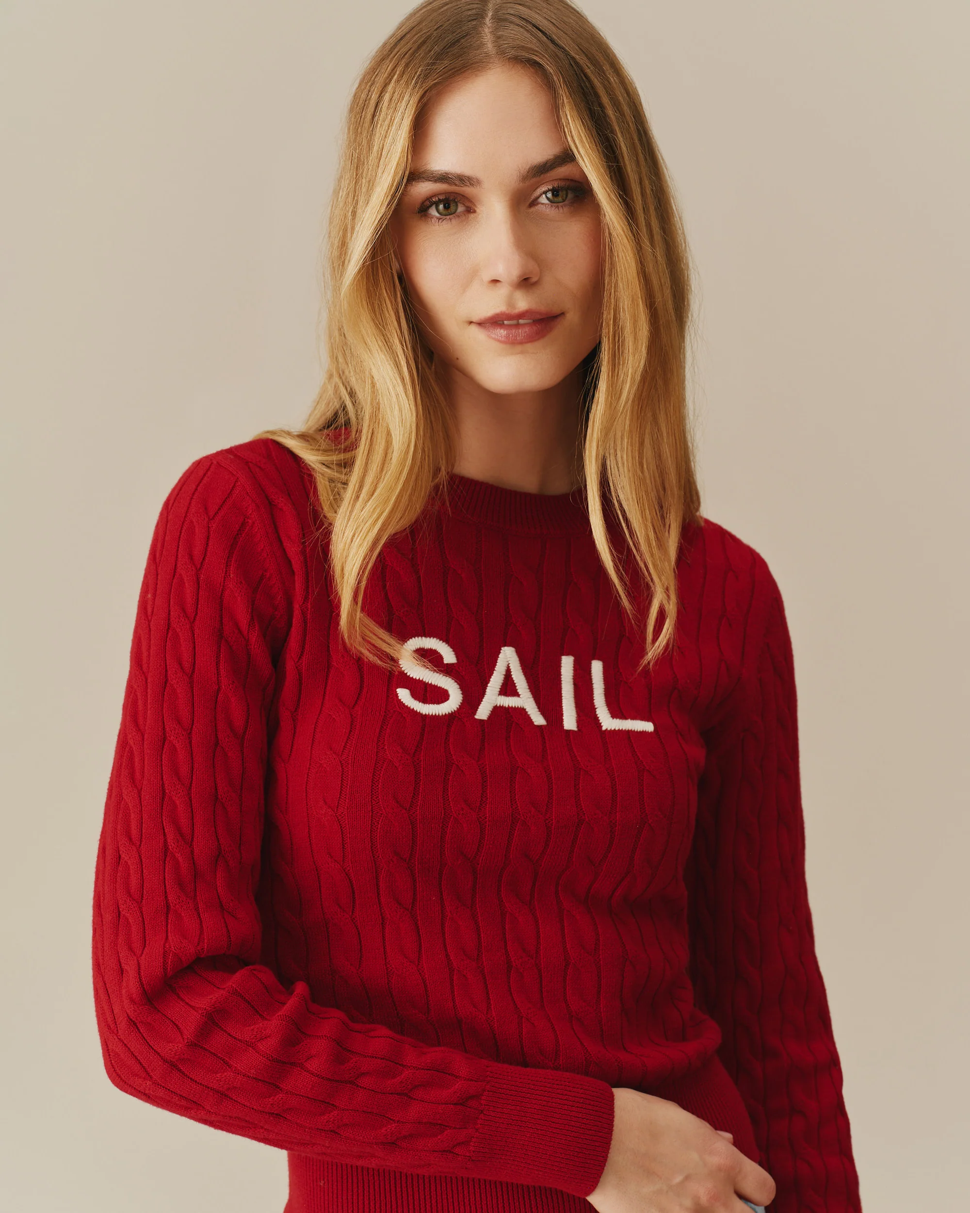 Cotton Crew Cable Knit Sweater Red - Image 2
