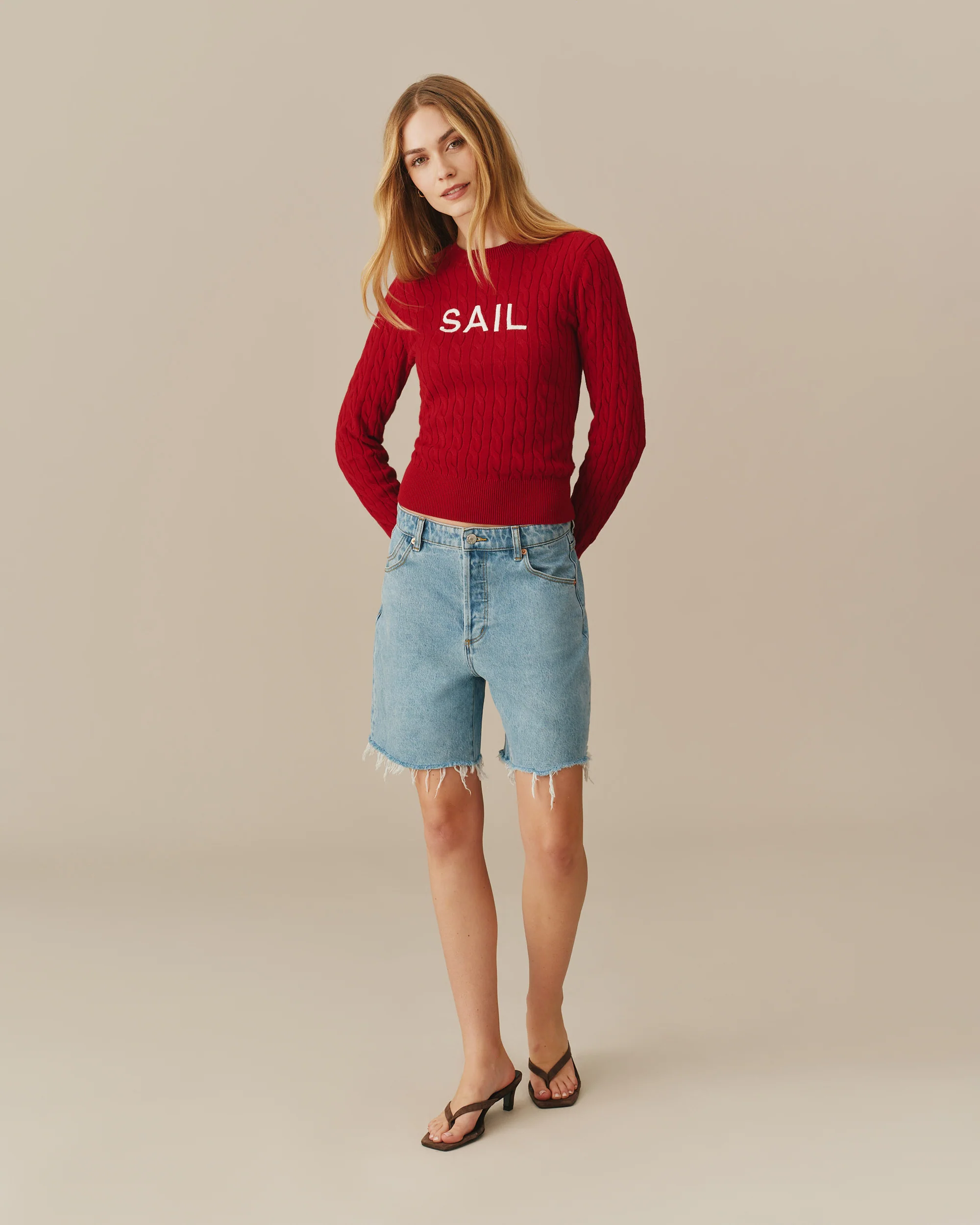 Cotton Crew Cable Knit Sweater Red - Image 3
