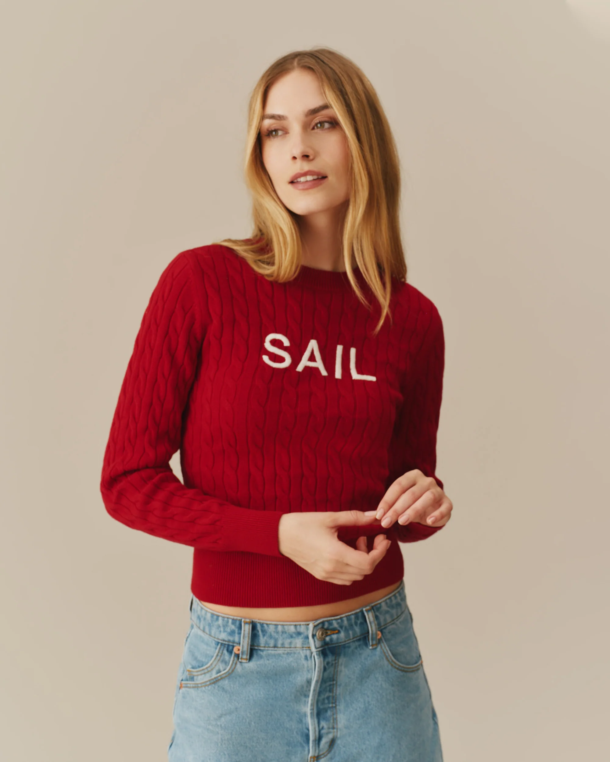 Cotton Crew Cable Knit Sweater Red - Image 4