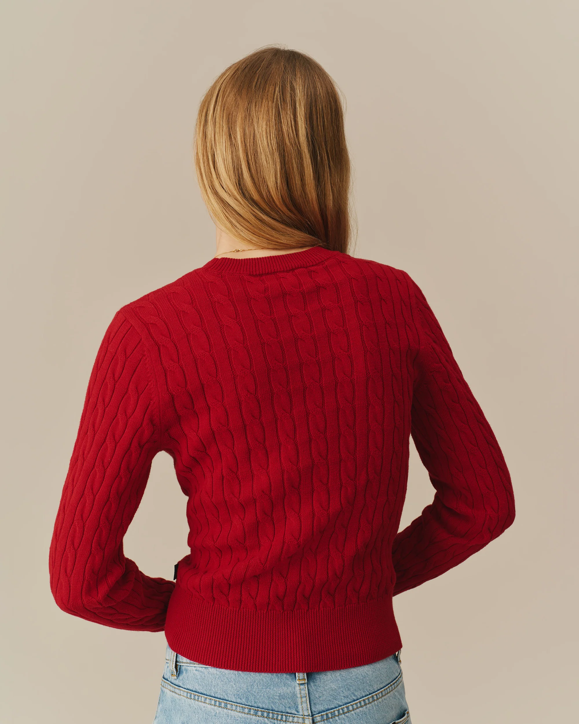 Cotton Crew Cable Knit Sweater Red - Image 6