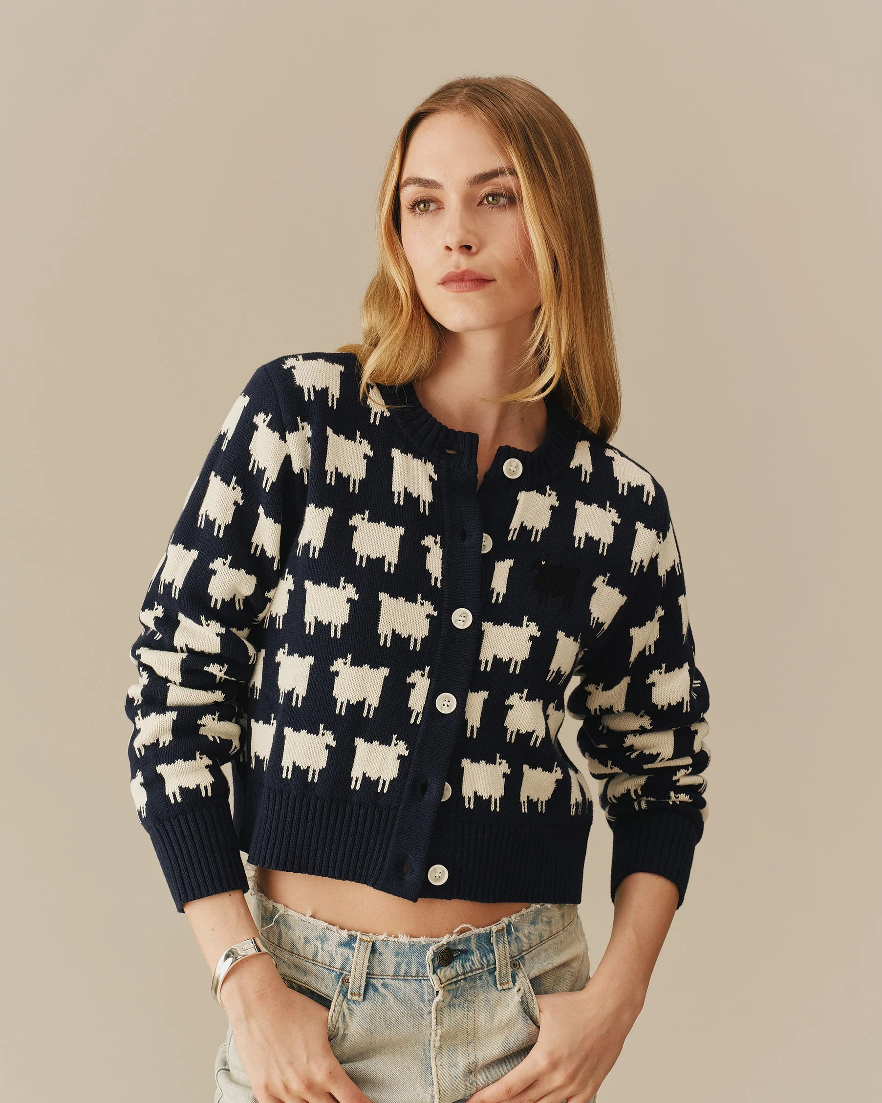 Warm & Wonderful Cotton Cropped Sheep Cardigan Navy