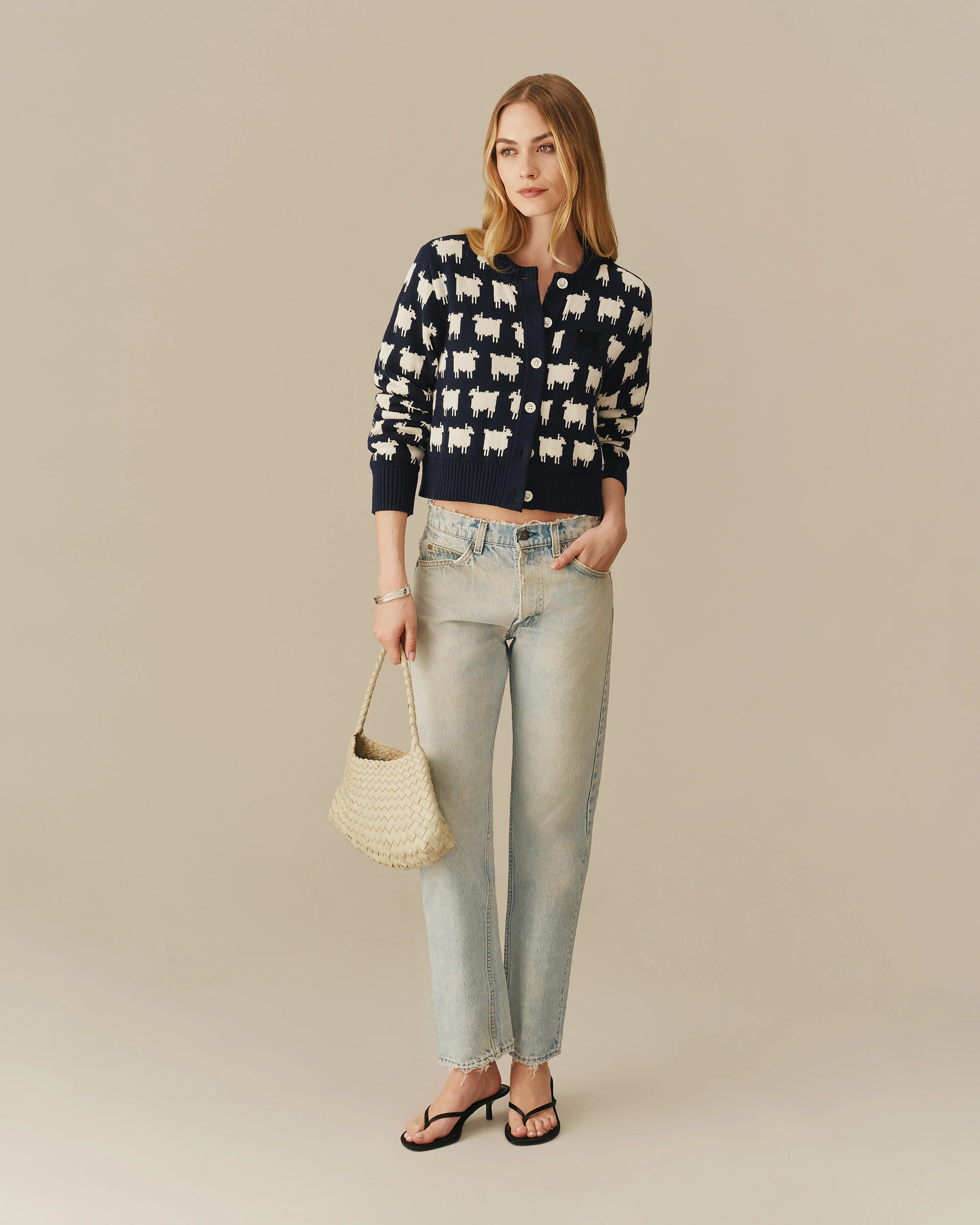 Warm & Wonderful Cotton Cropped Sheep Cardigan Navy - Image 2