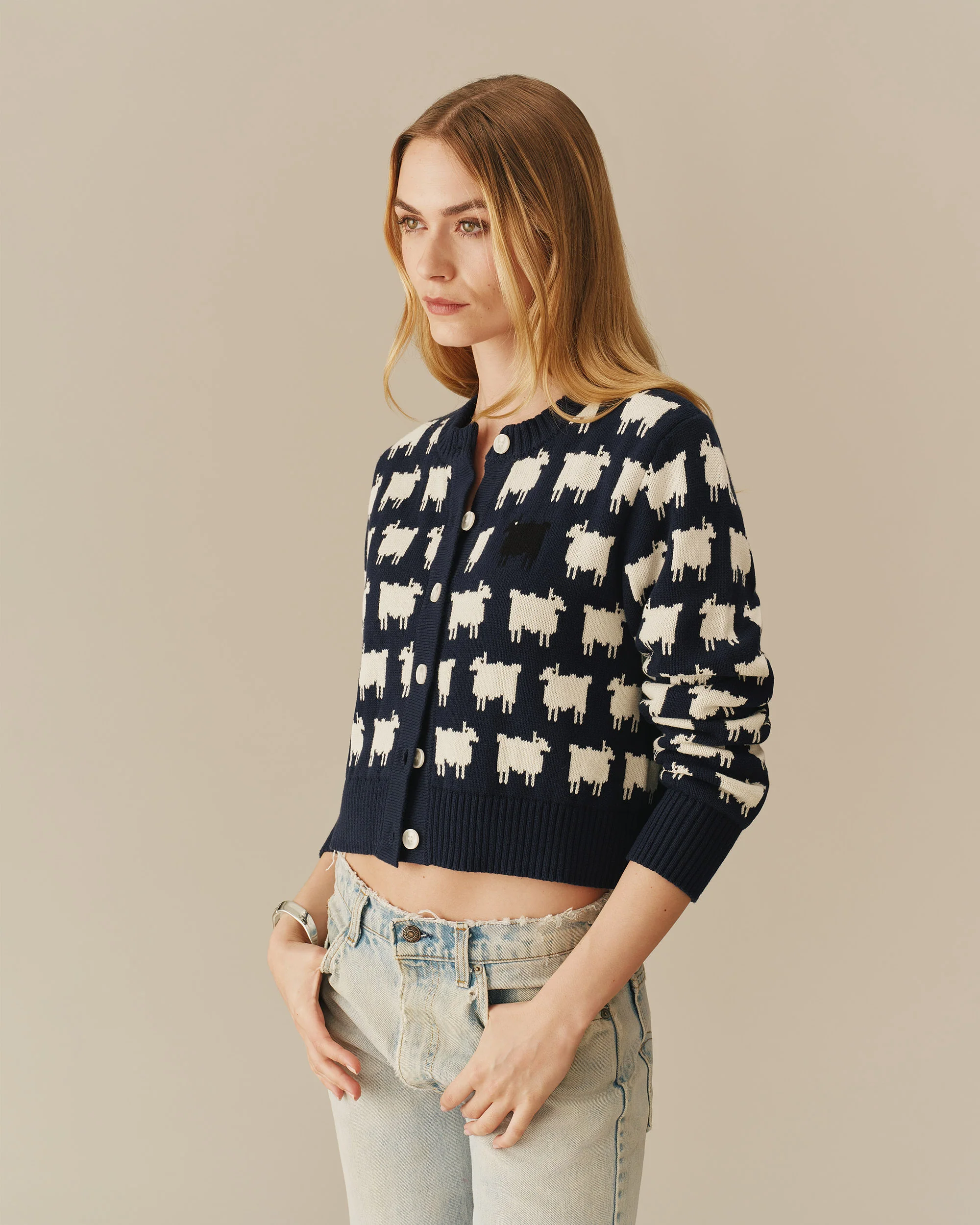 Warm & Wonderful Cotton Cropped Sheep Cardigan Navy - Image 3