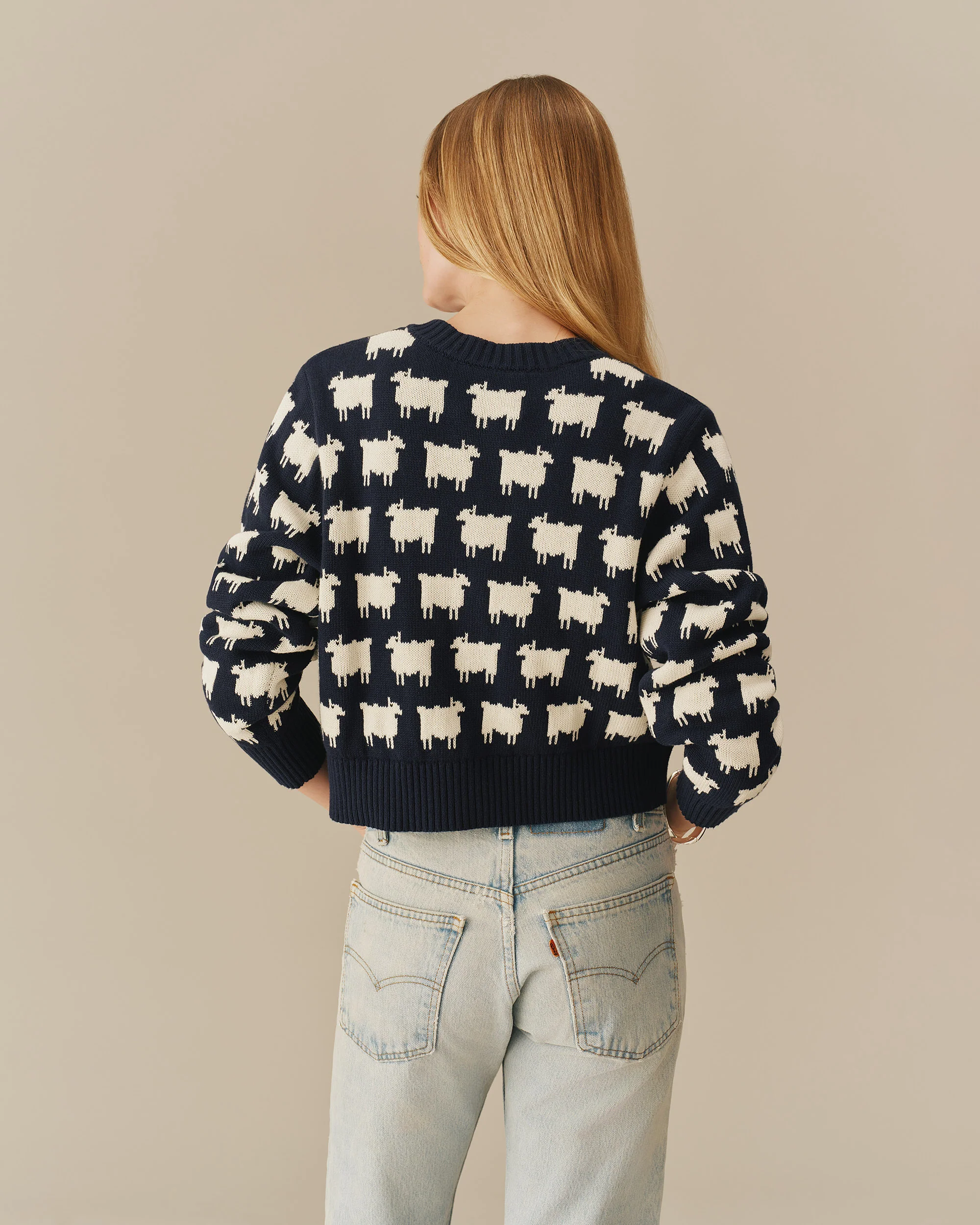 Warm & Wonderful Cotton Cropped Sheep Cardigan Navy - Image 4