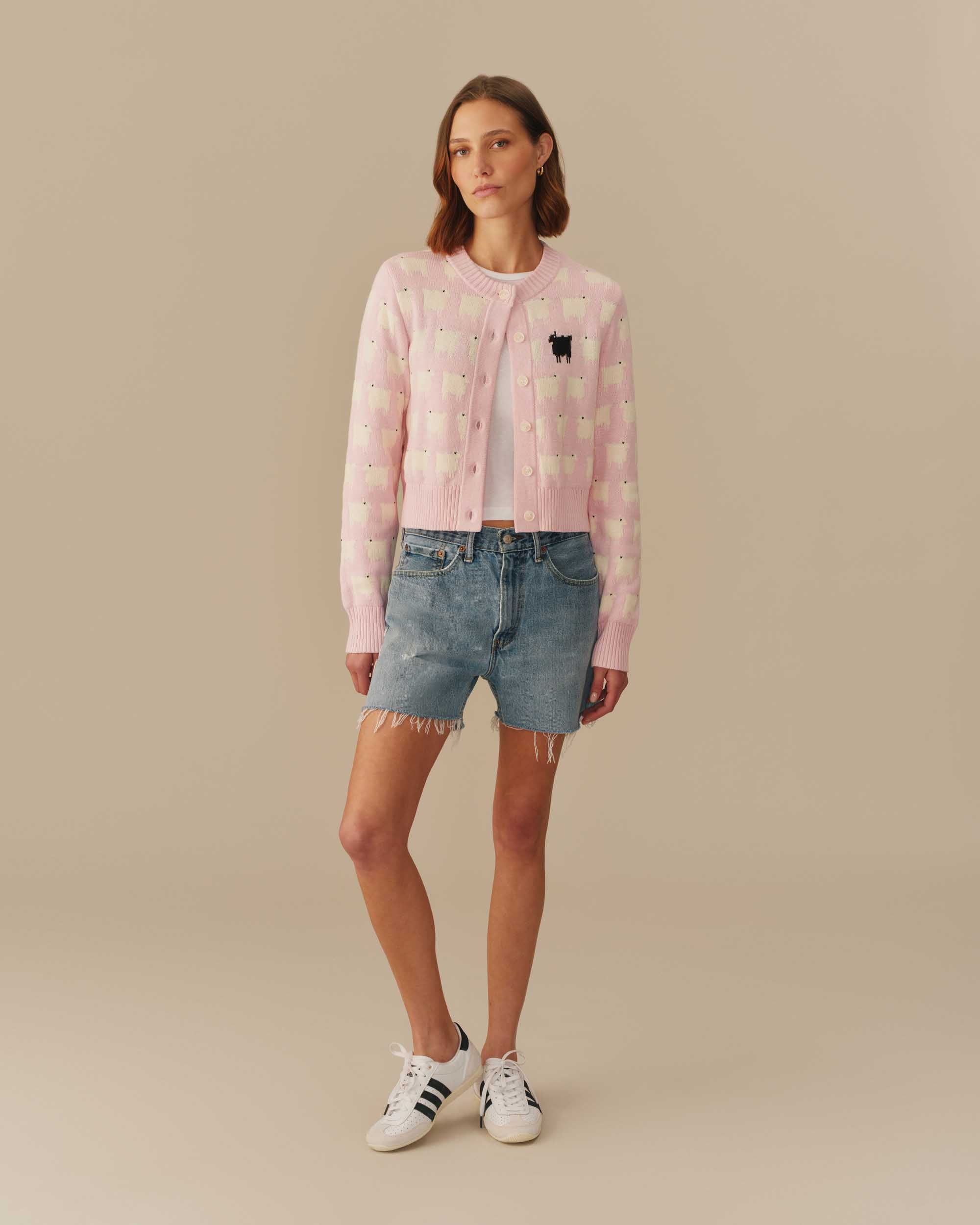 Warm & Wonderful Cotton Cropped Sheep Cardigan Pink - Image 2
