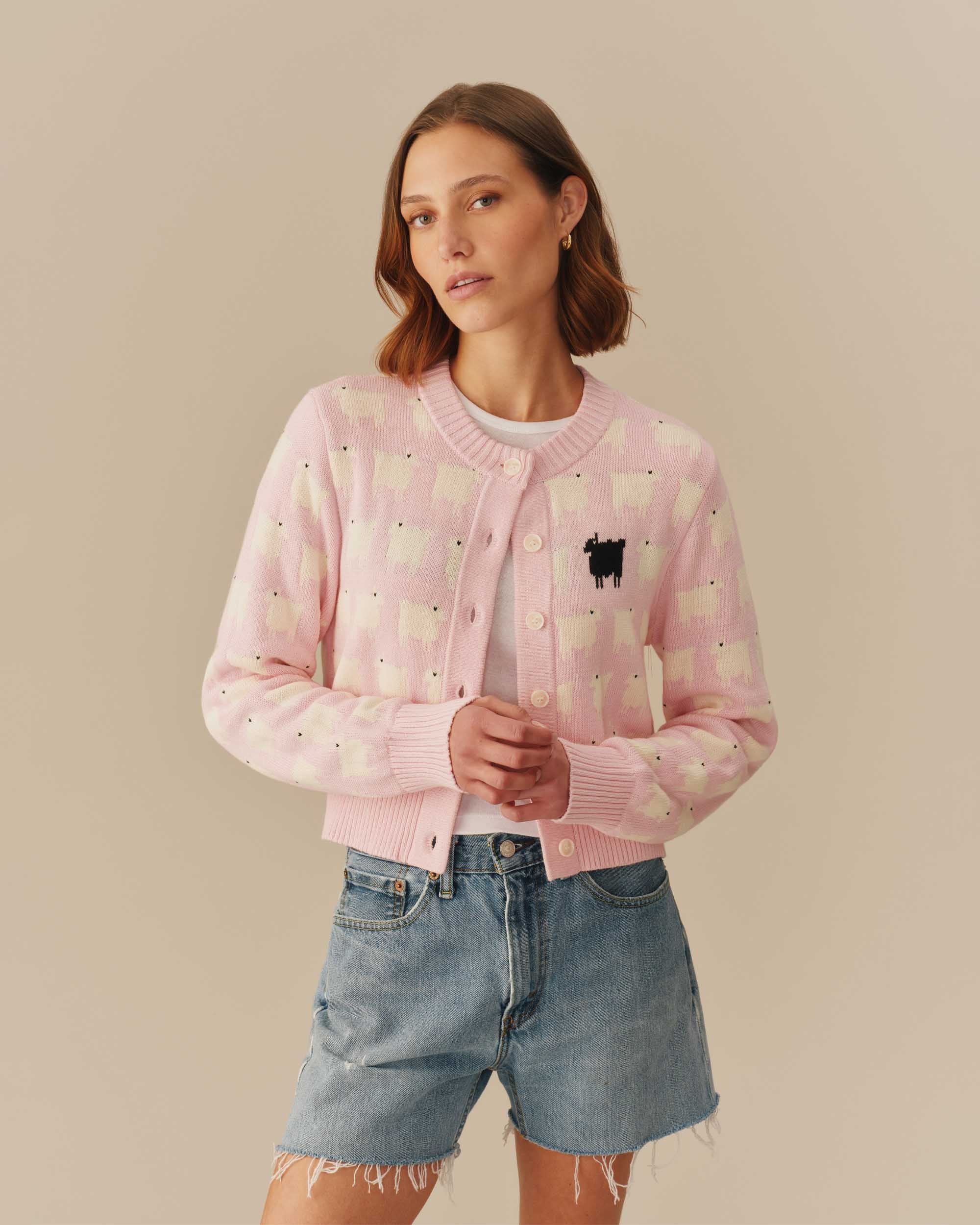 Warm & Wonderful Cotton Cropped Sheep Cardigan Pink - Image 3