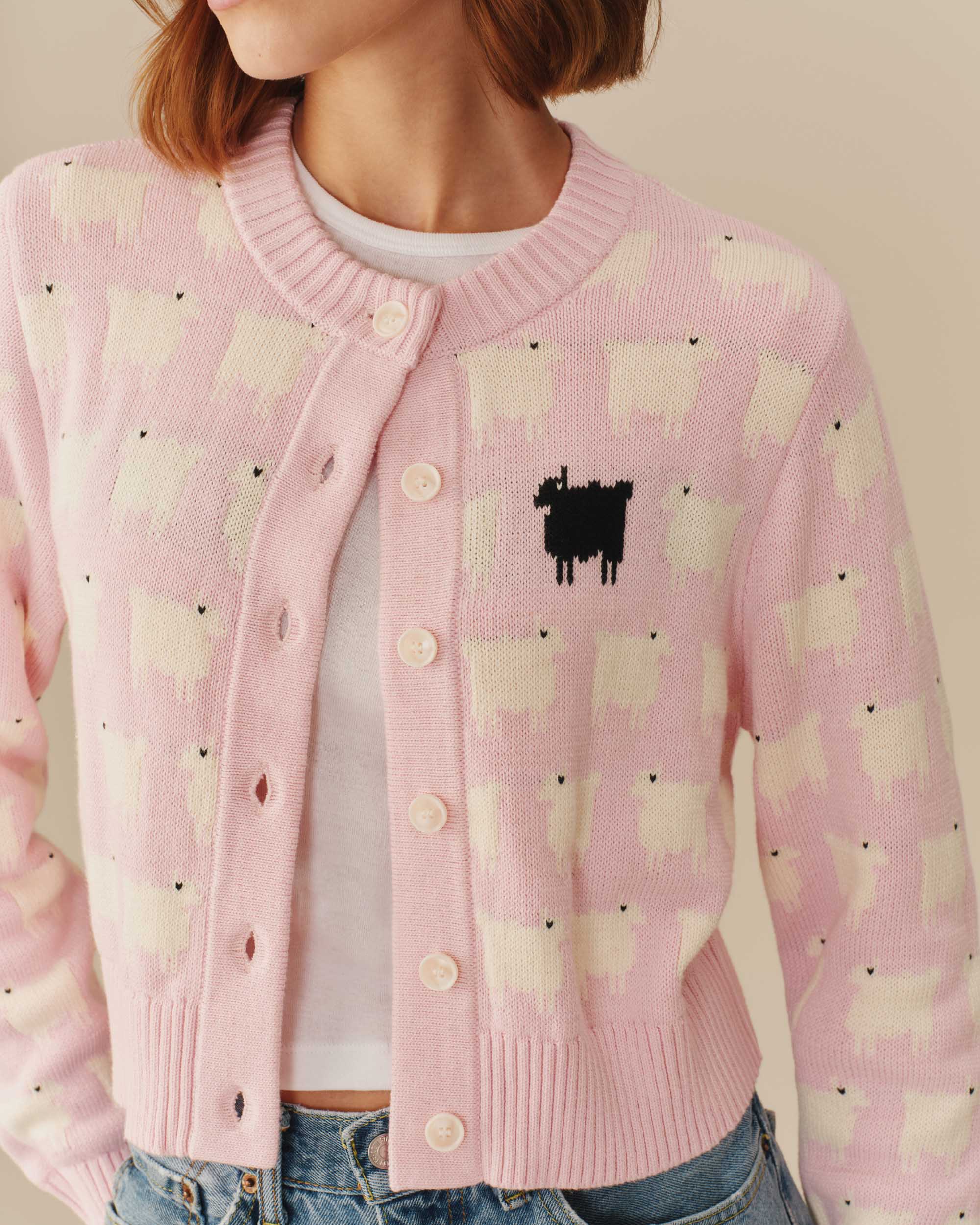Warm & Wonderful Cotton Cropped Sheep Cardigan Pink - Image 4