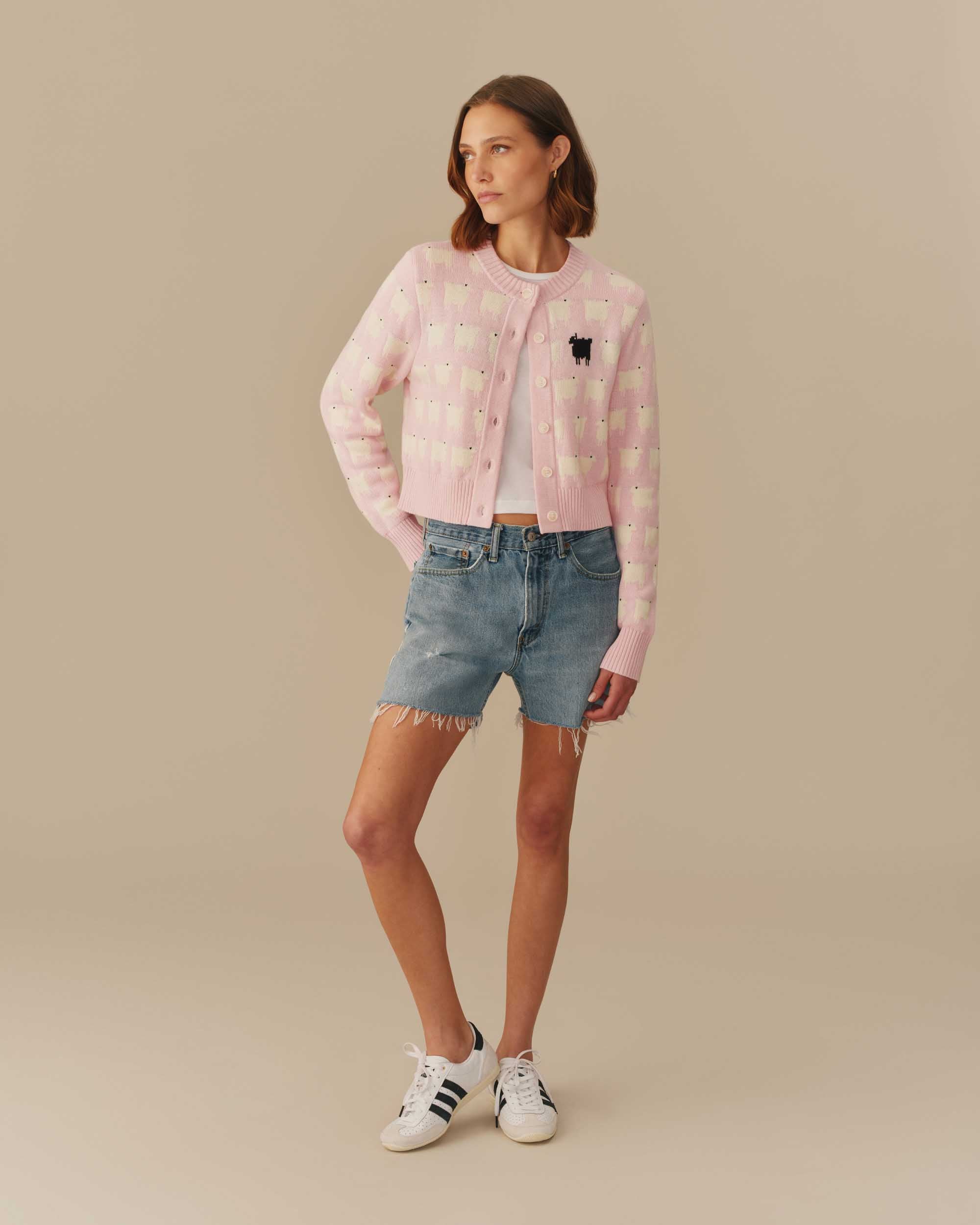 Warm & Wonderful Cotton Cropped Sheep Cardigan Pink - Image 5