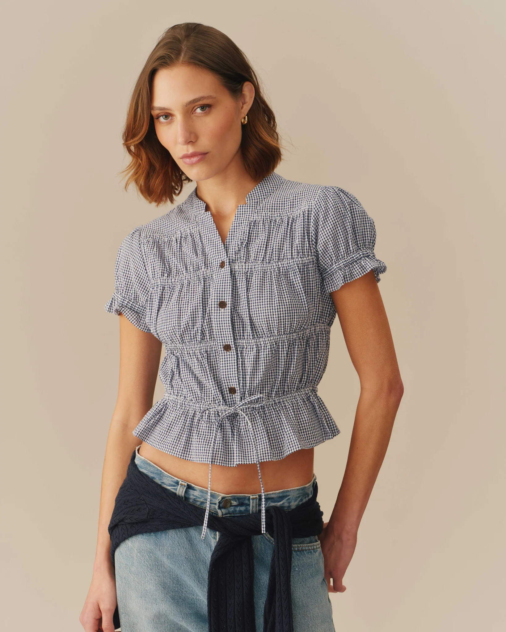 Women's Cotton Gingham Shirred Top Navy - Image 2