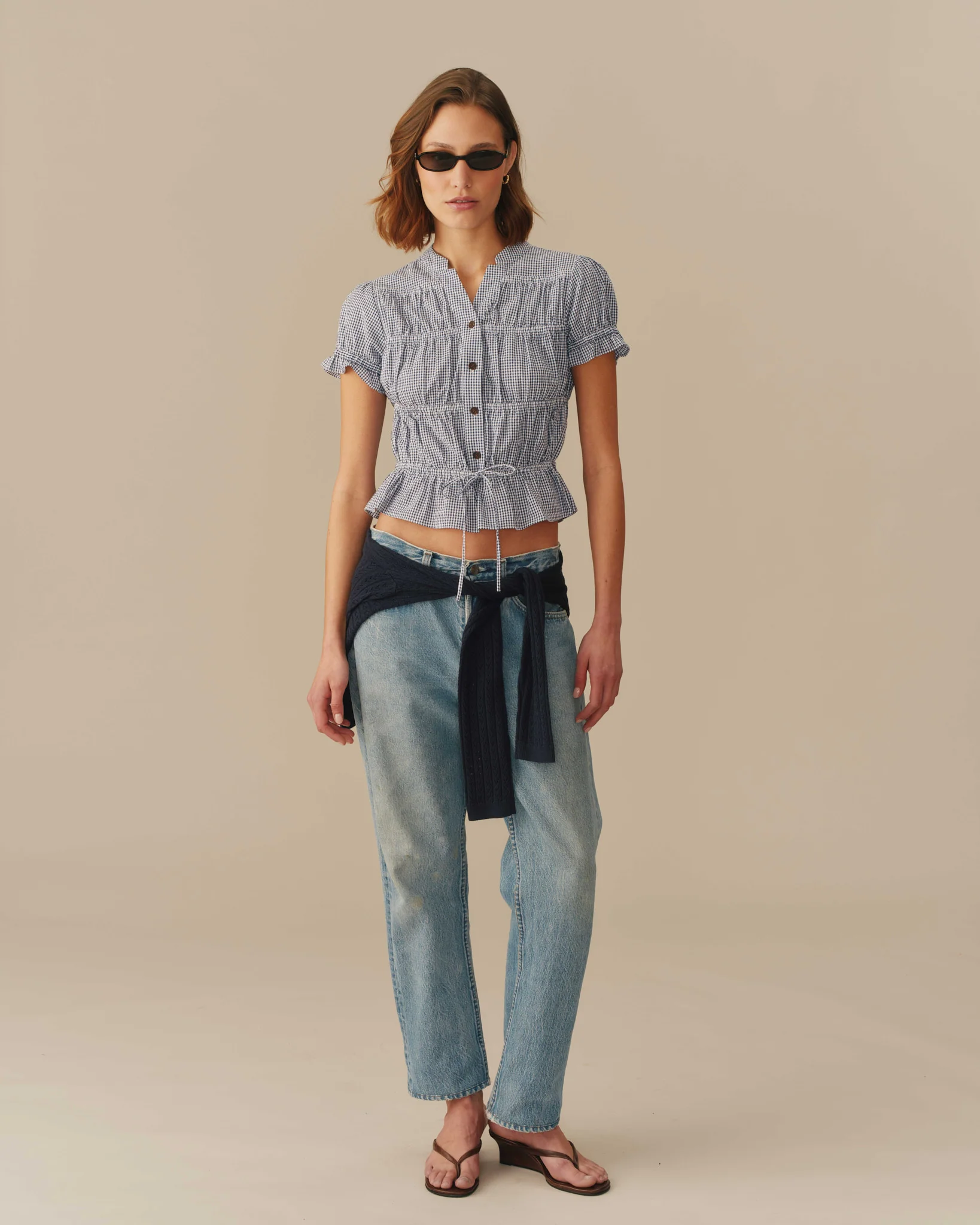 Women's Cotton Gingham Shirred Top Navy - Image 3