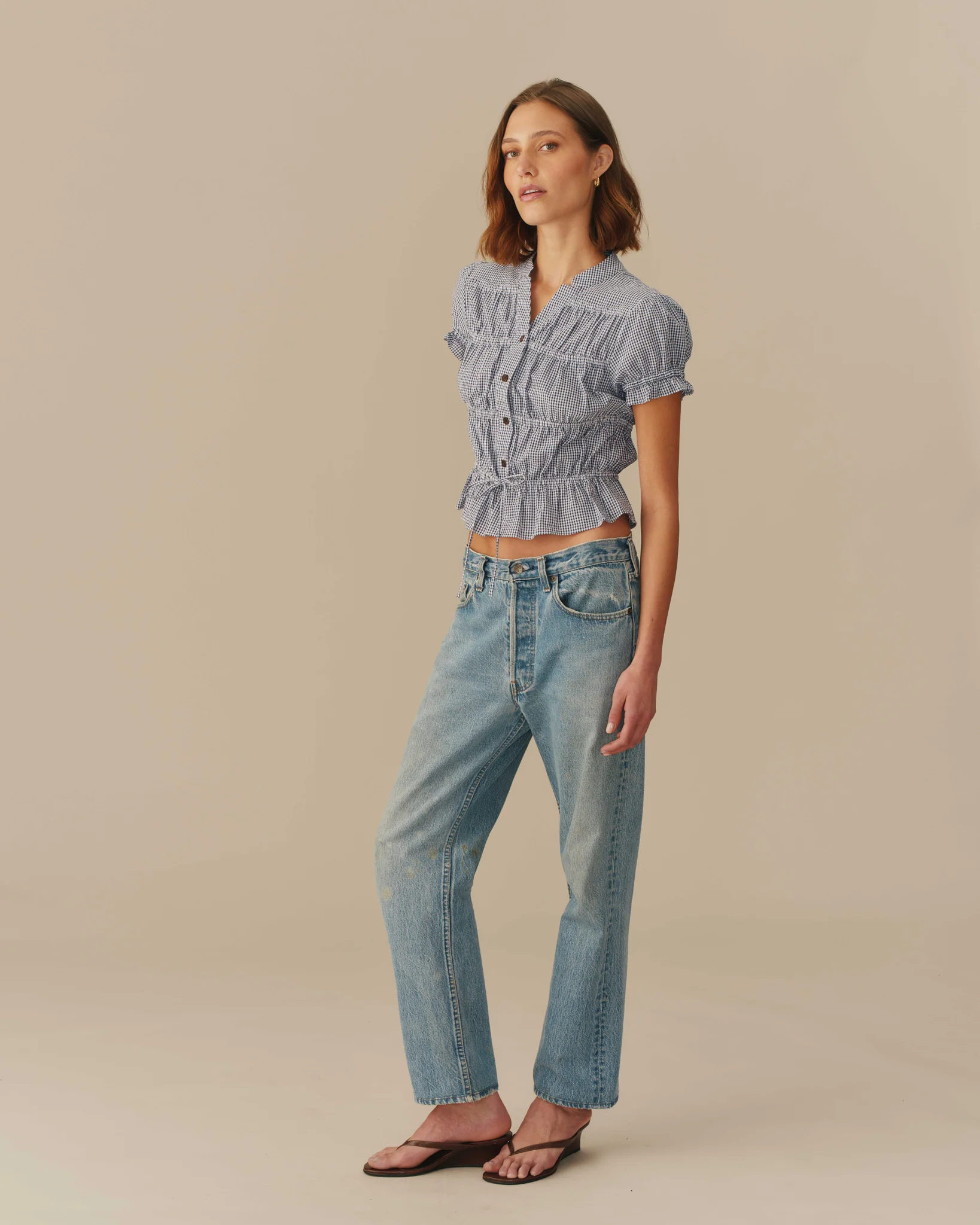 Women's Cotton Gingham Shirred Top Navy - Image 4
