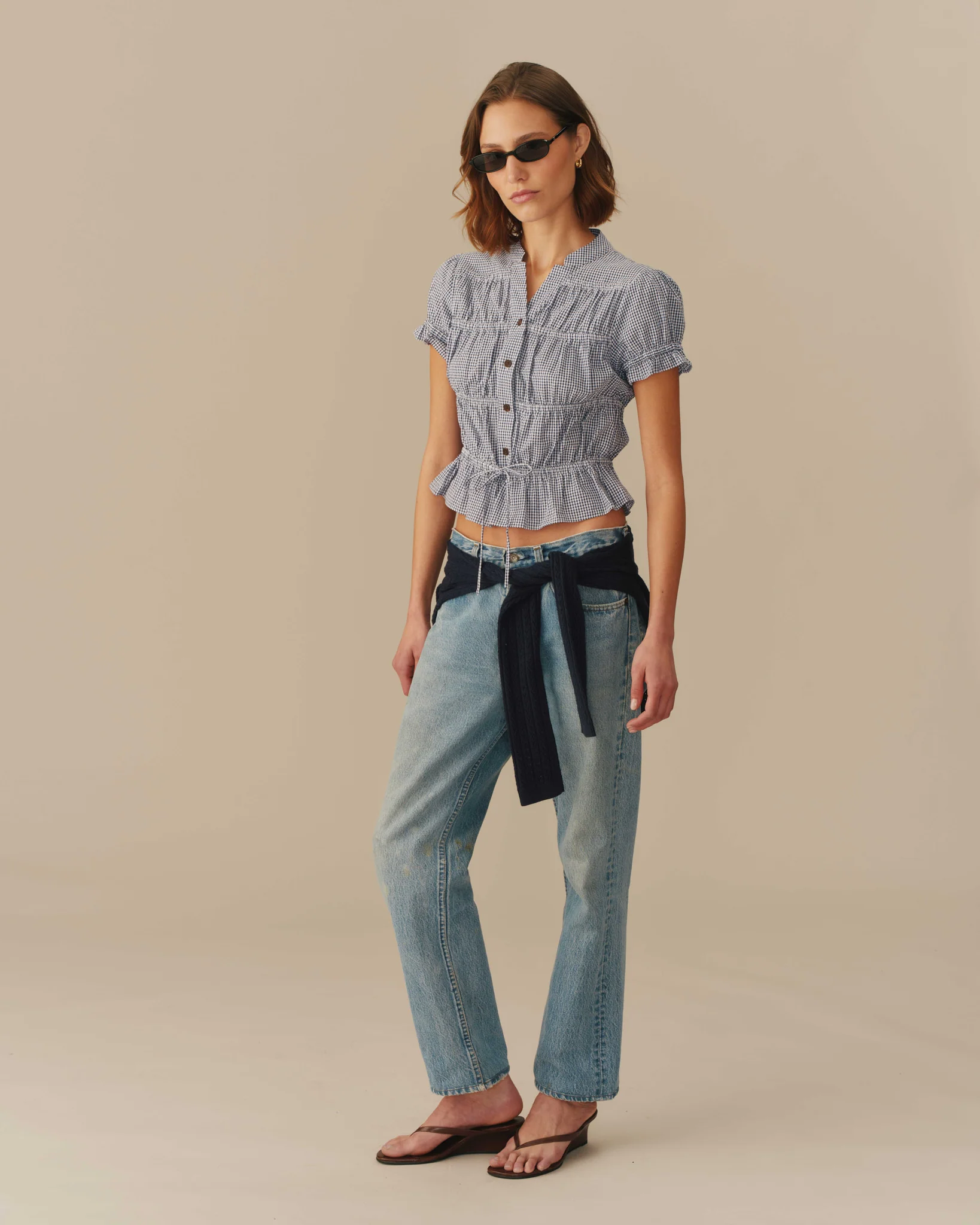 Women's Cotton Gingham Shirred Top Navy - Image 5