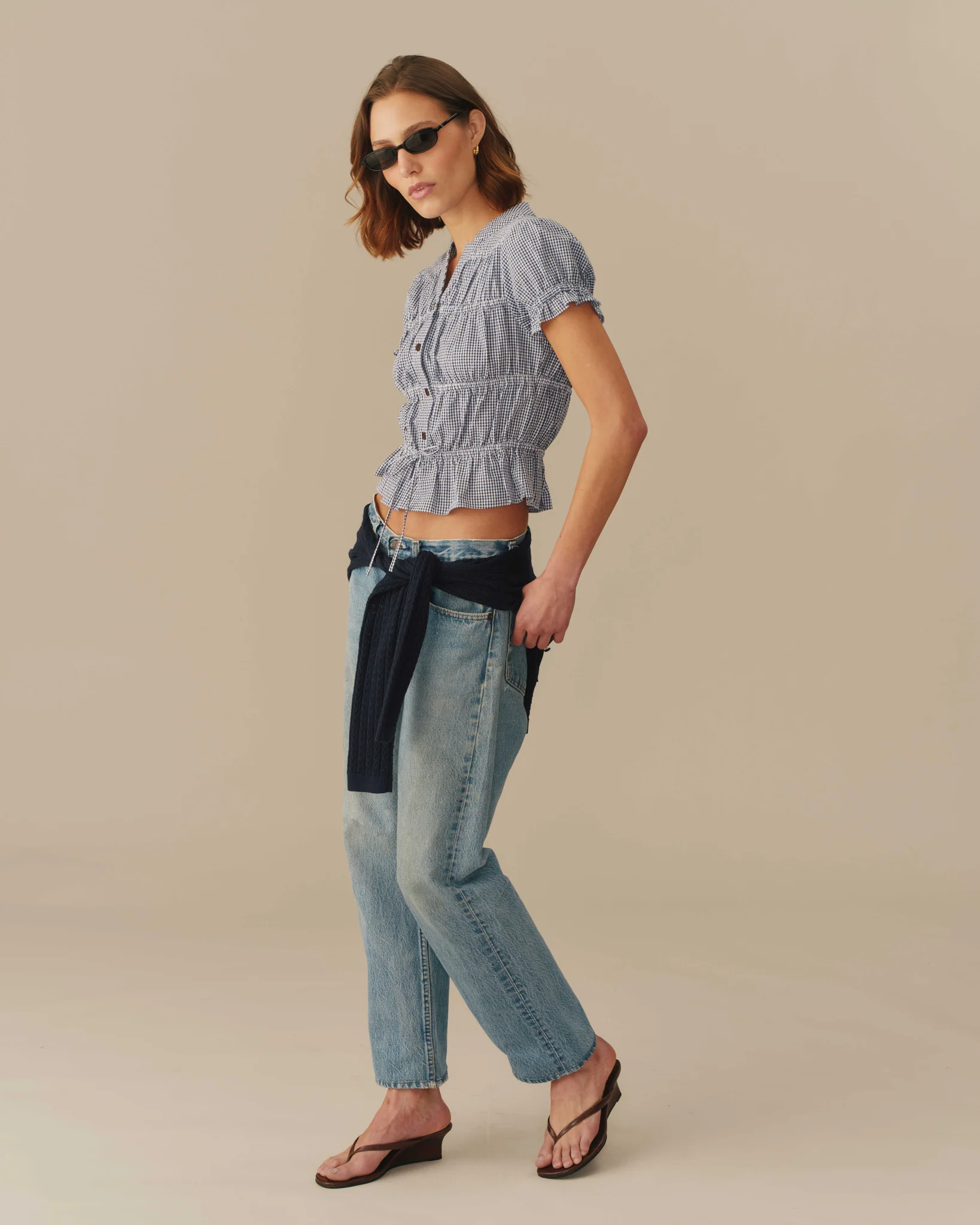 Women's Cotton Gingham Shirred Top Navy - Image 6