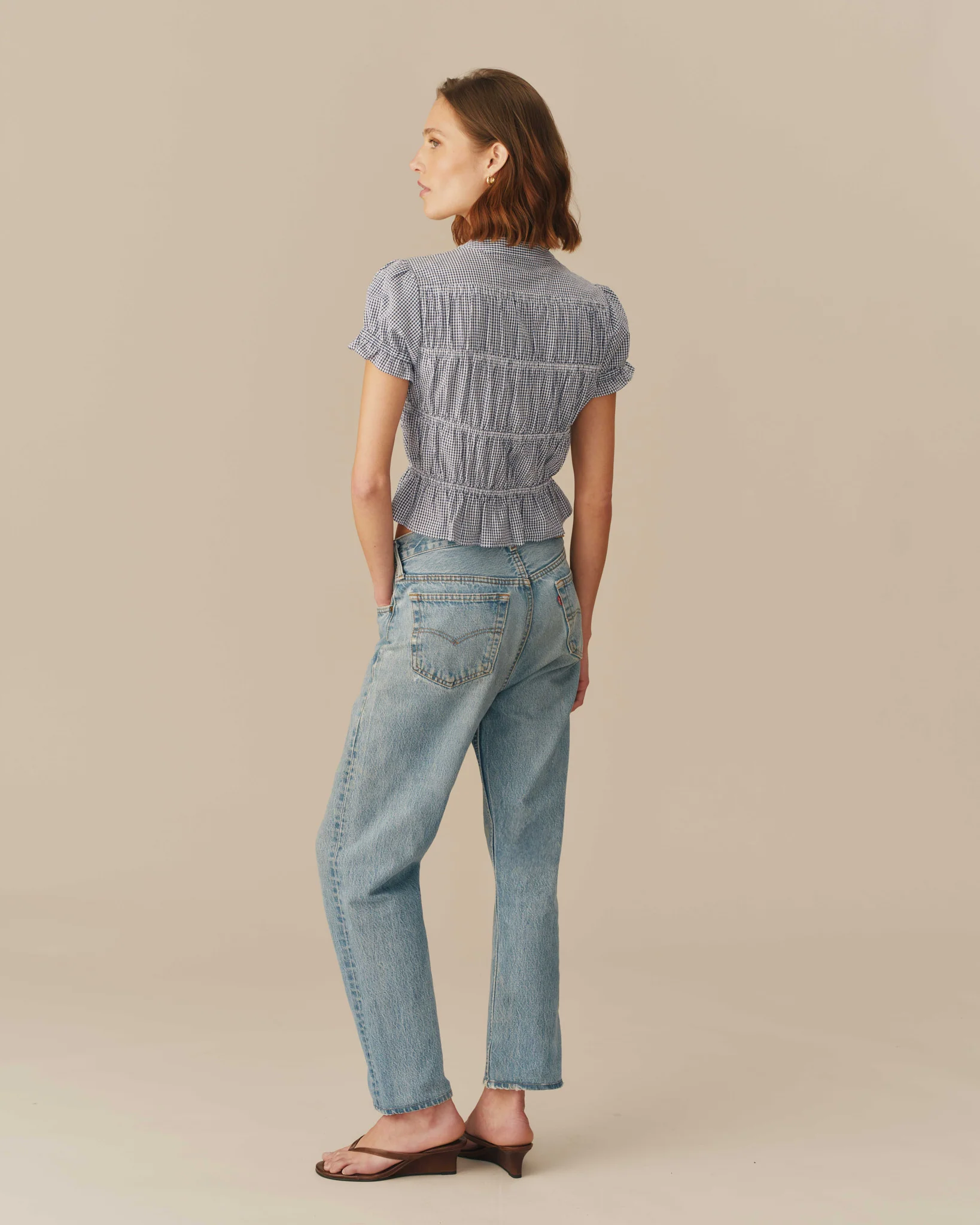 Women's Cotton Gingham Shirred Top Navy - Image 7