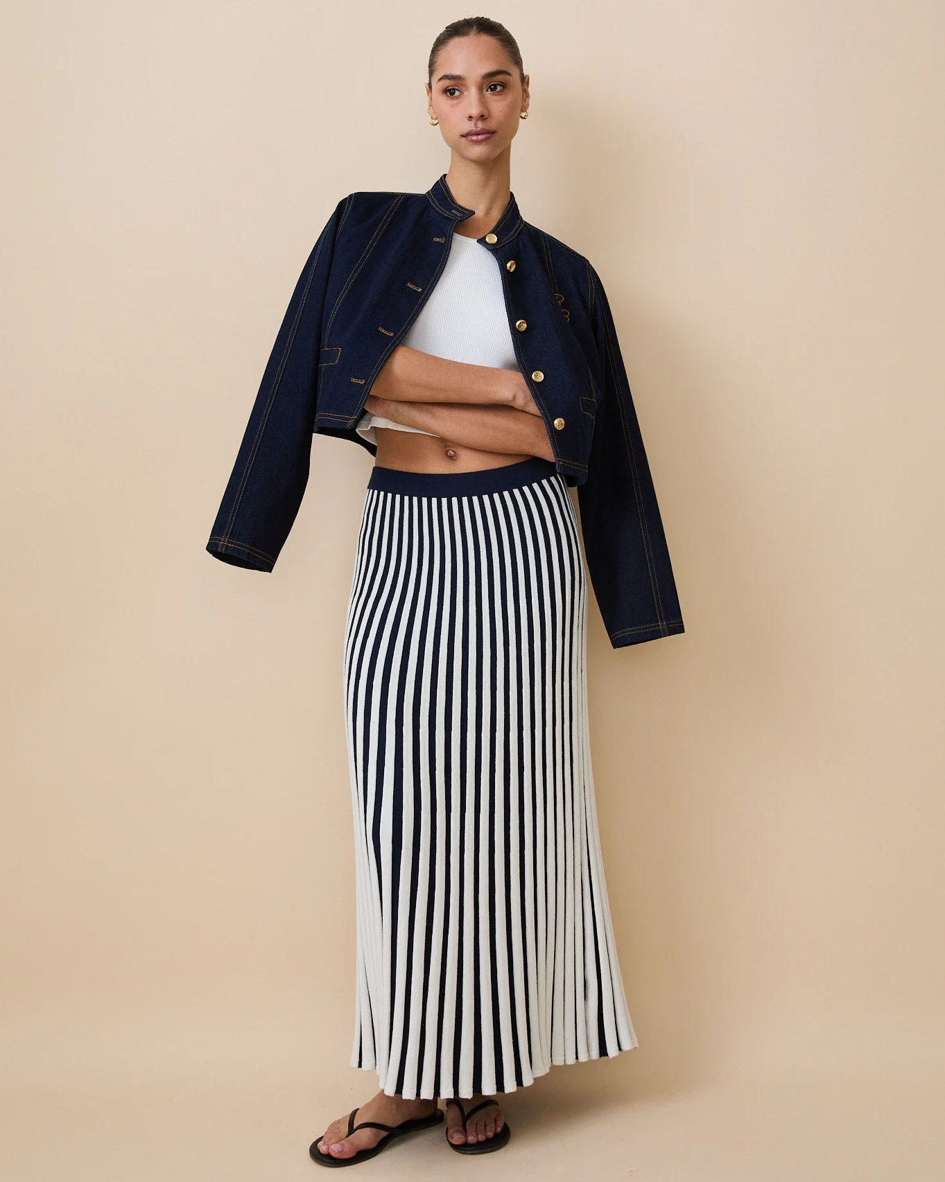 Women's Cotton Knit Pleated Skirt Blue White Stripe