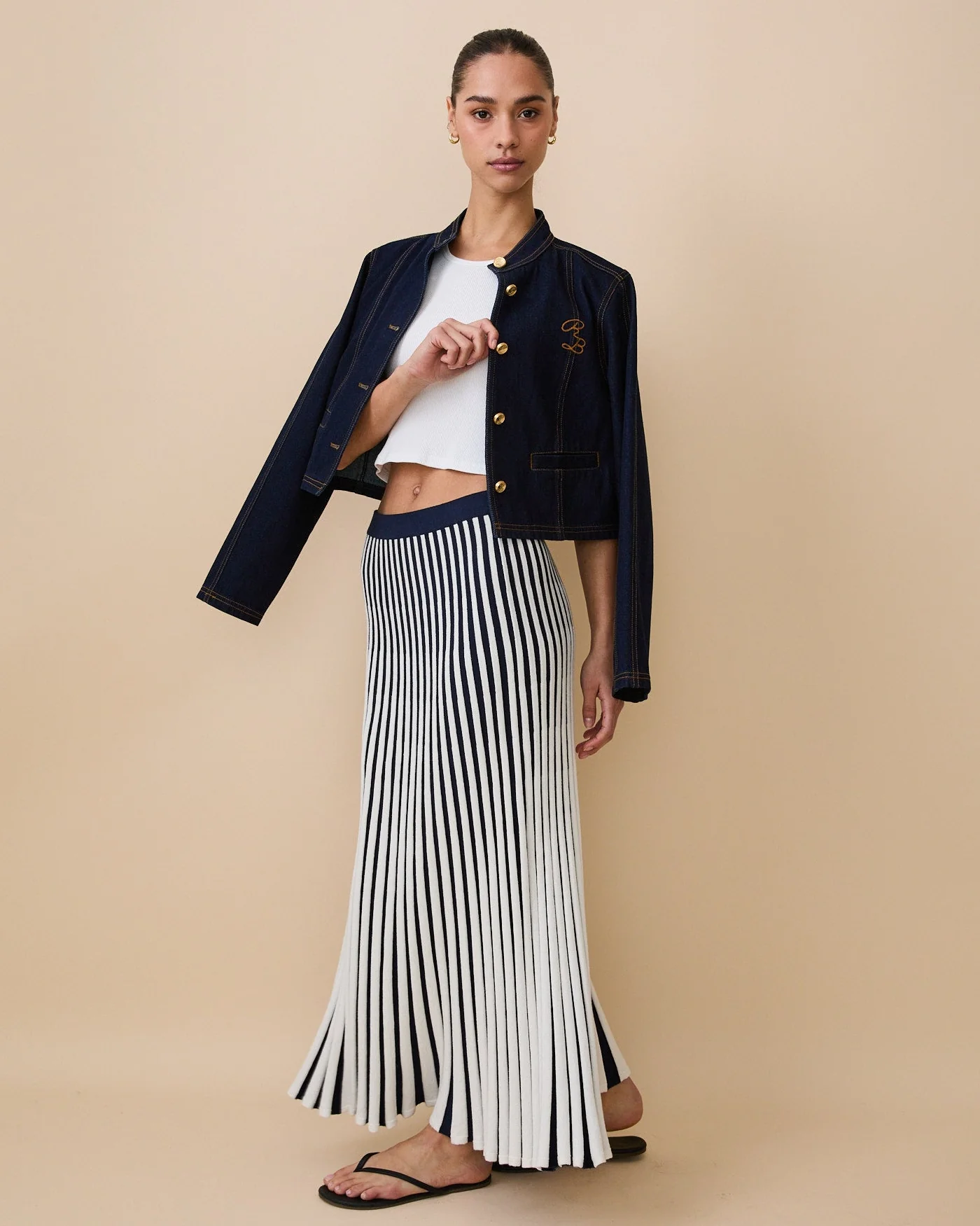 Women's Cotton Knit Pleated Skirt Blue White Stripe - Image 5