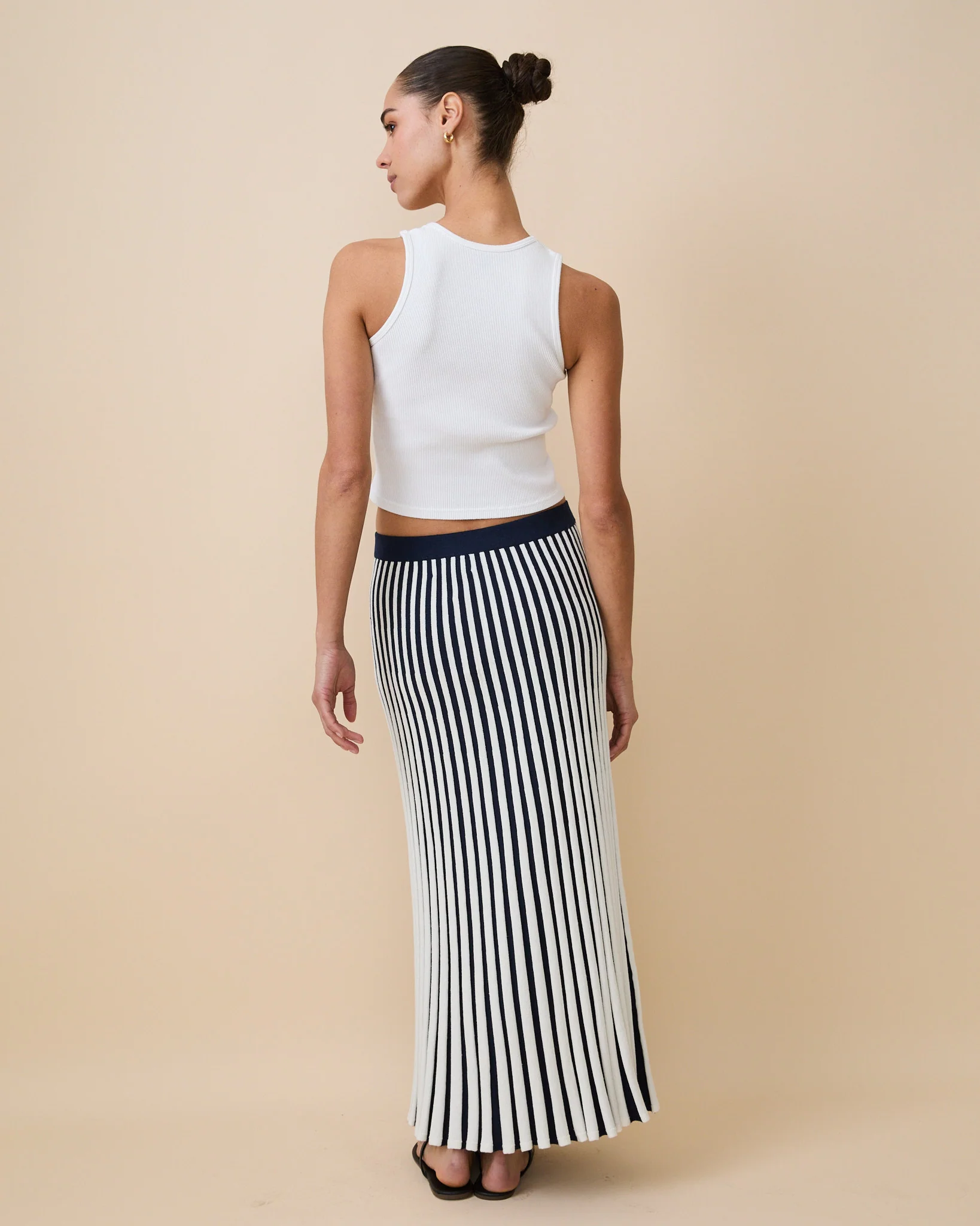 Women's Cotton Knit Pleated Skirt Blue White Stripe - Image 6