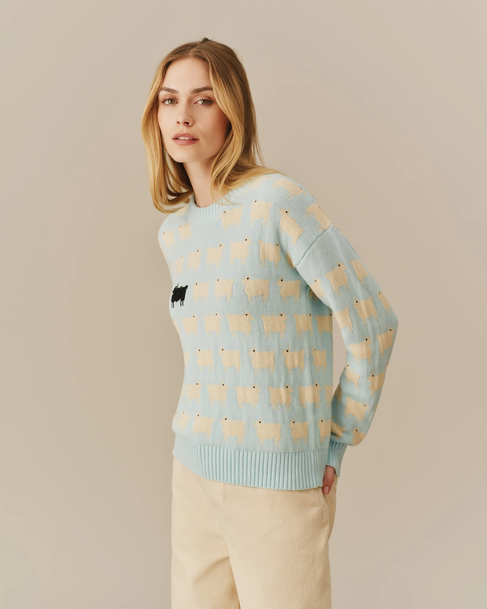 Warm & Wonderful Cotton Linen Crew Neck Sheep Sweater Blue - Image 3