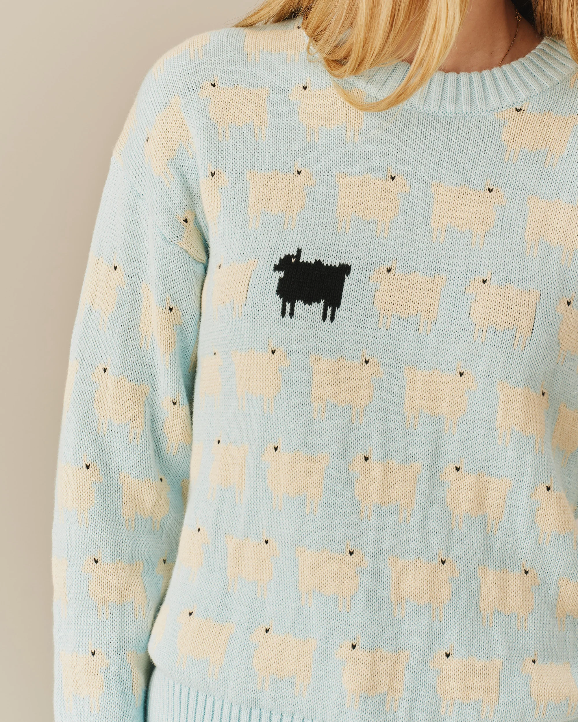 Warm & Wonderful Cotton Linen Crew Neck Sheep Sweater Blue - Image 4