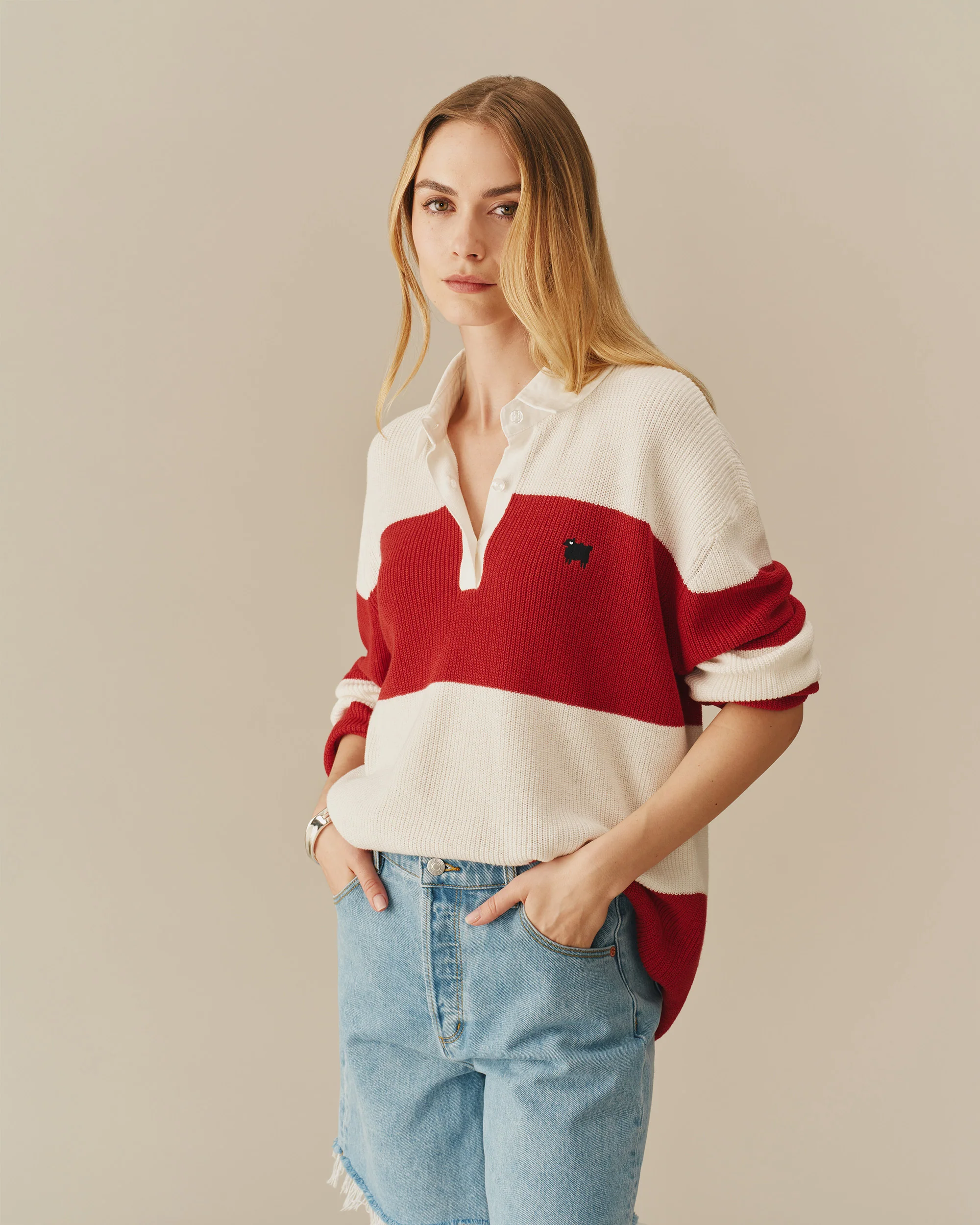 Warm & Wonderful Cotton Linen Sheep Rugby Sweater Red & Cream - Image 2