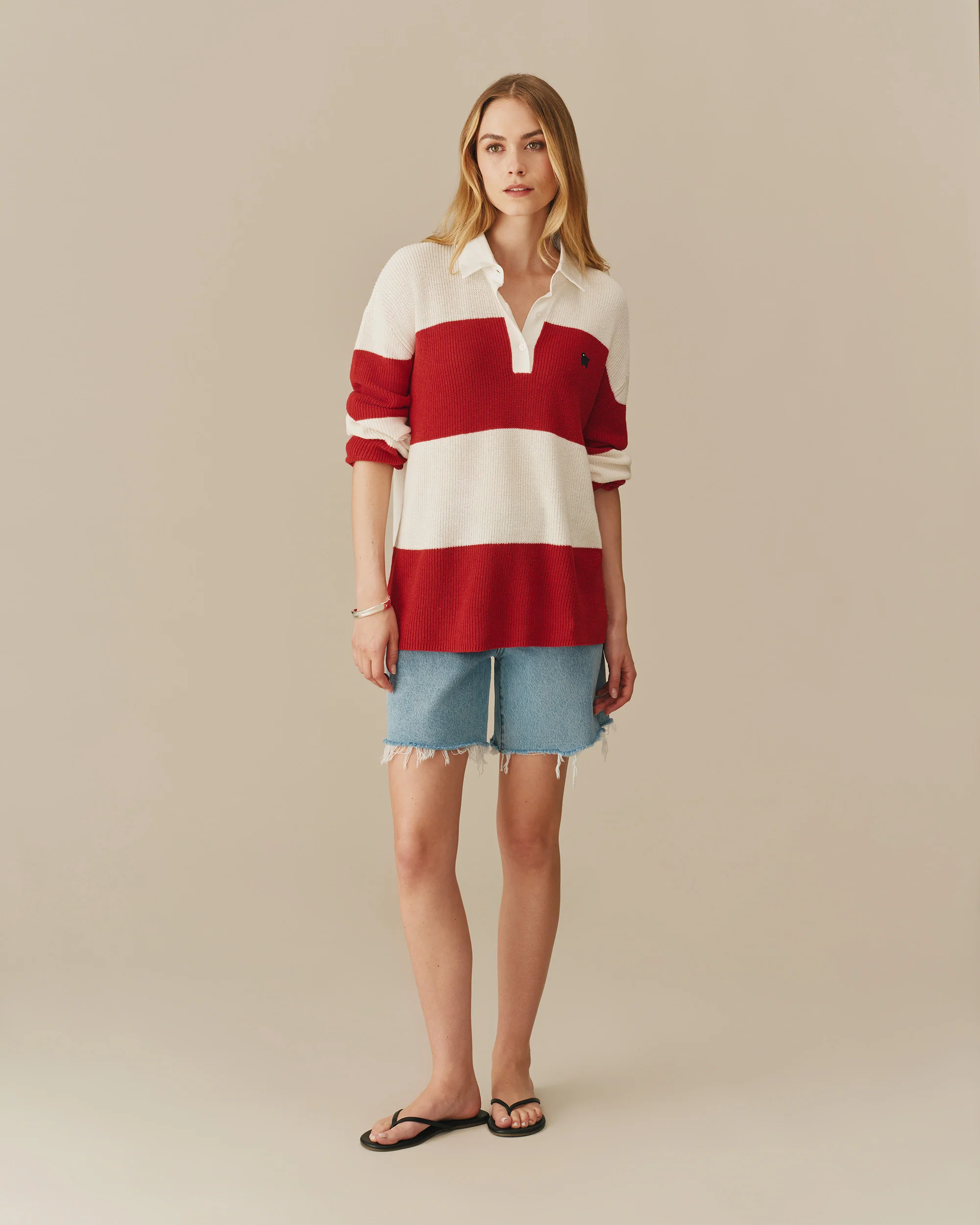 Warm & Wonderful Cotton Linen Sheep Rugby Sweater Red & Cream - Image 3