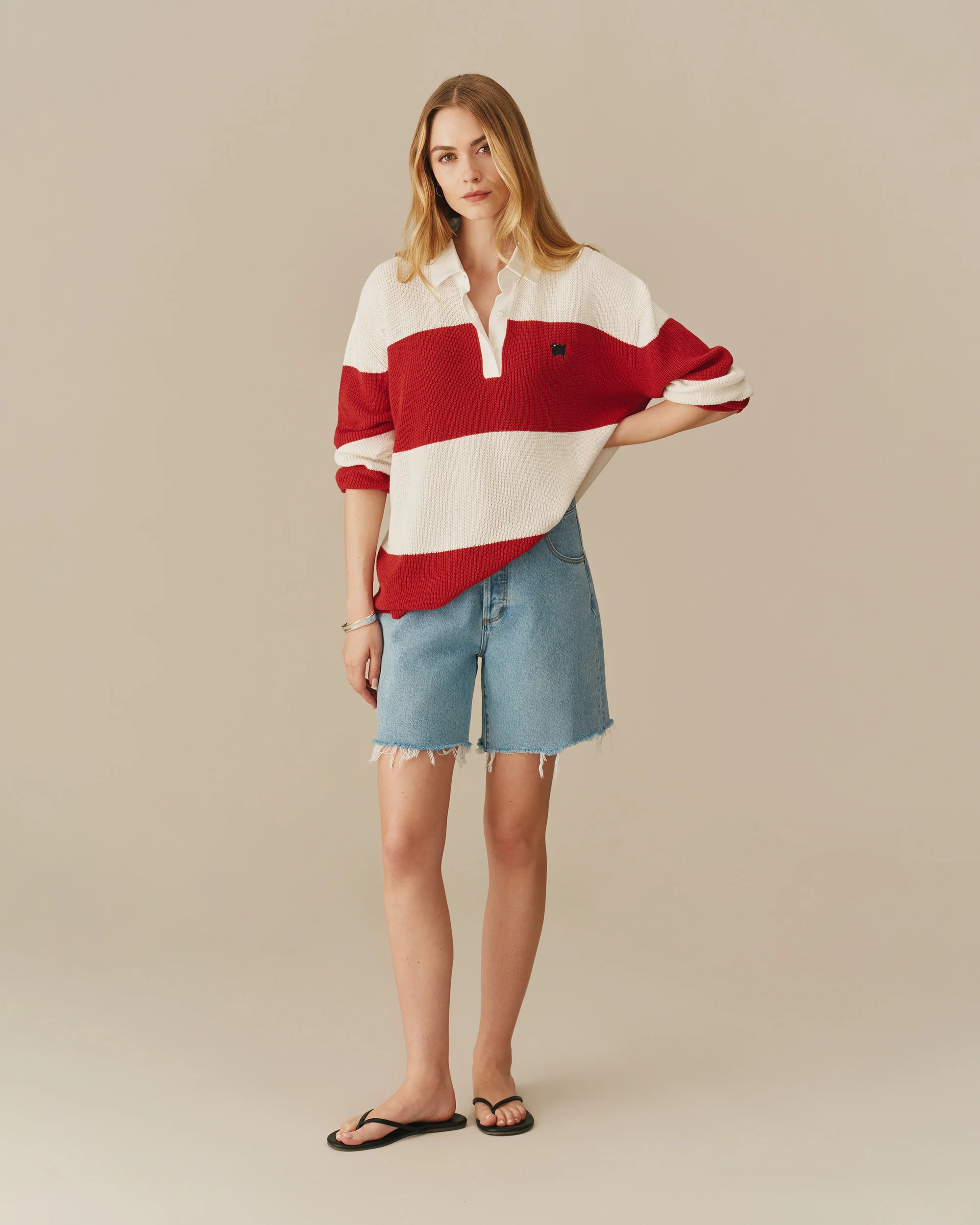Warm & Wonderful Cotton Linen Sheep Rugby Sweater Red & Cream - Image 4