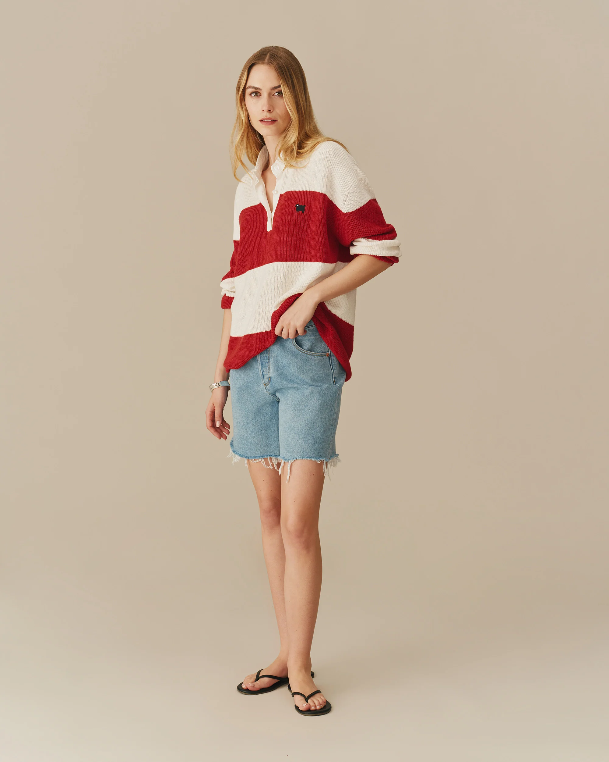 Warm & Wonderful Cotton Linen Sheep Rugby Sweater Red & Cream - Image 5