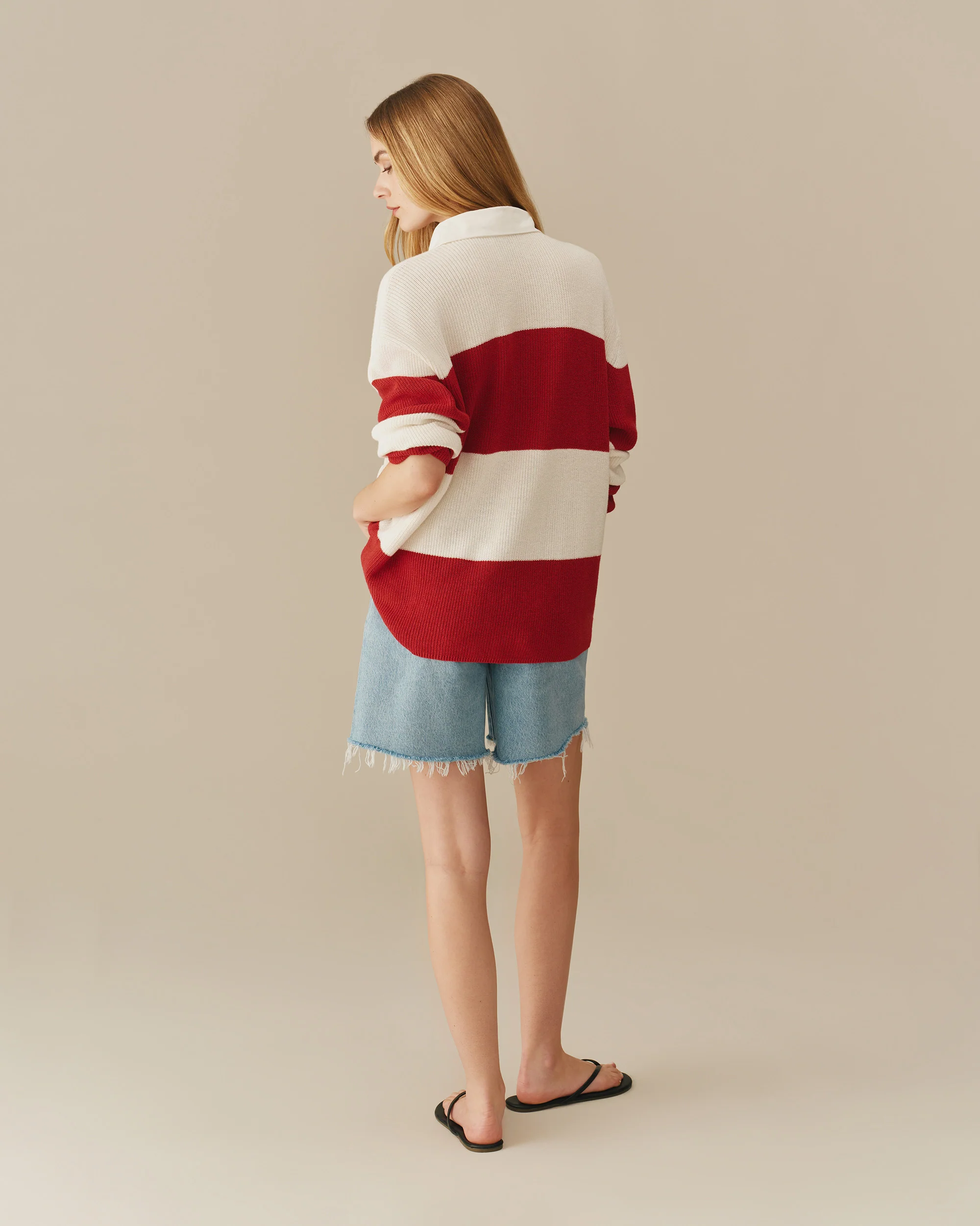 Warm & Wonderful Cotton Linen Sheep Rugby Sweater Red & Cream - Image 6